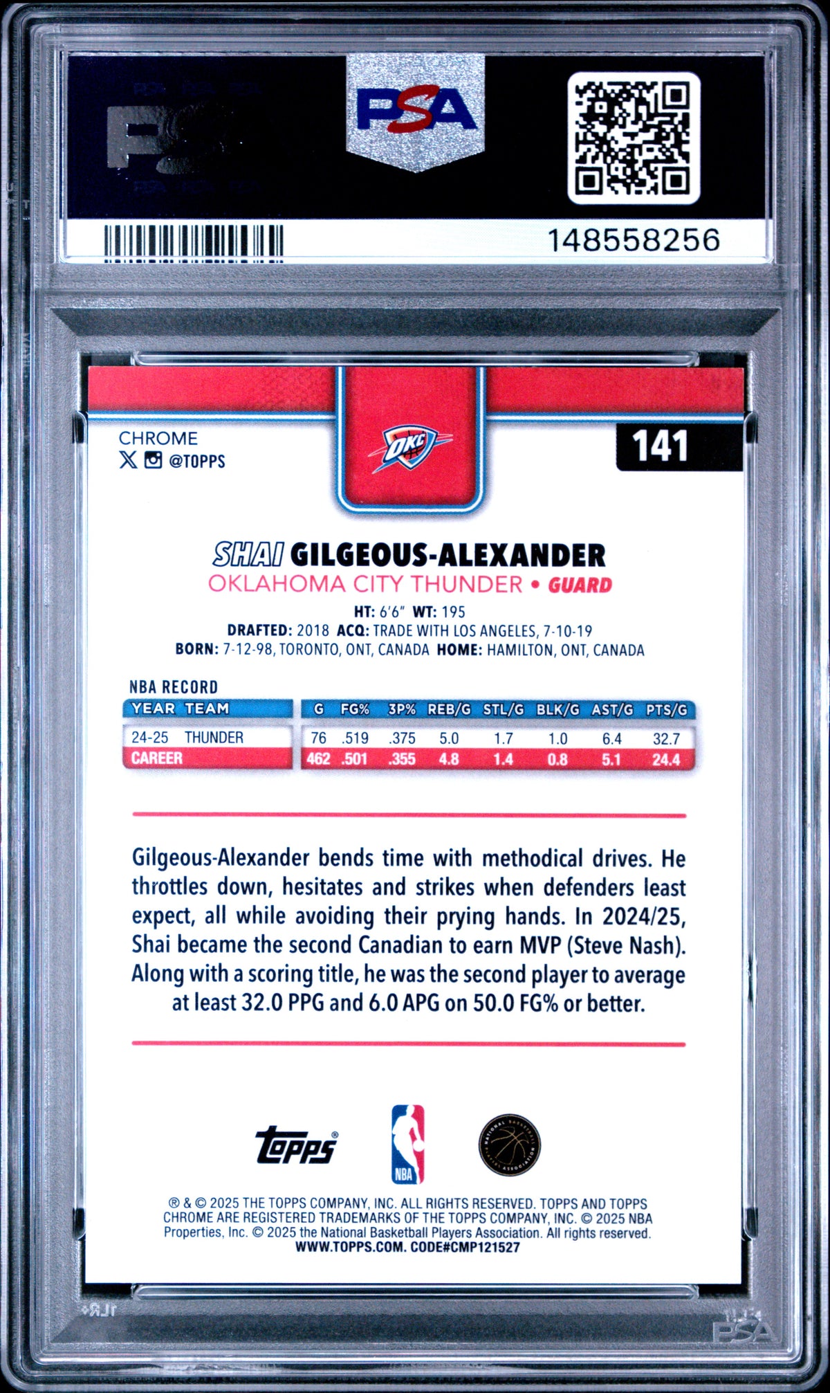 SHAI GILEGOUS-ALEXANDER 2025-26 Topps Chrome Orange Pulsar Ref /25 #141 PSA 9