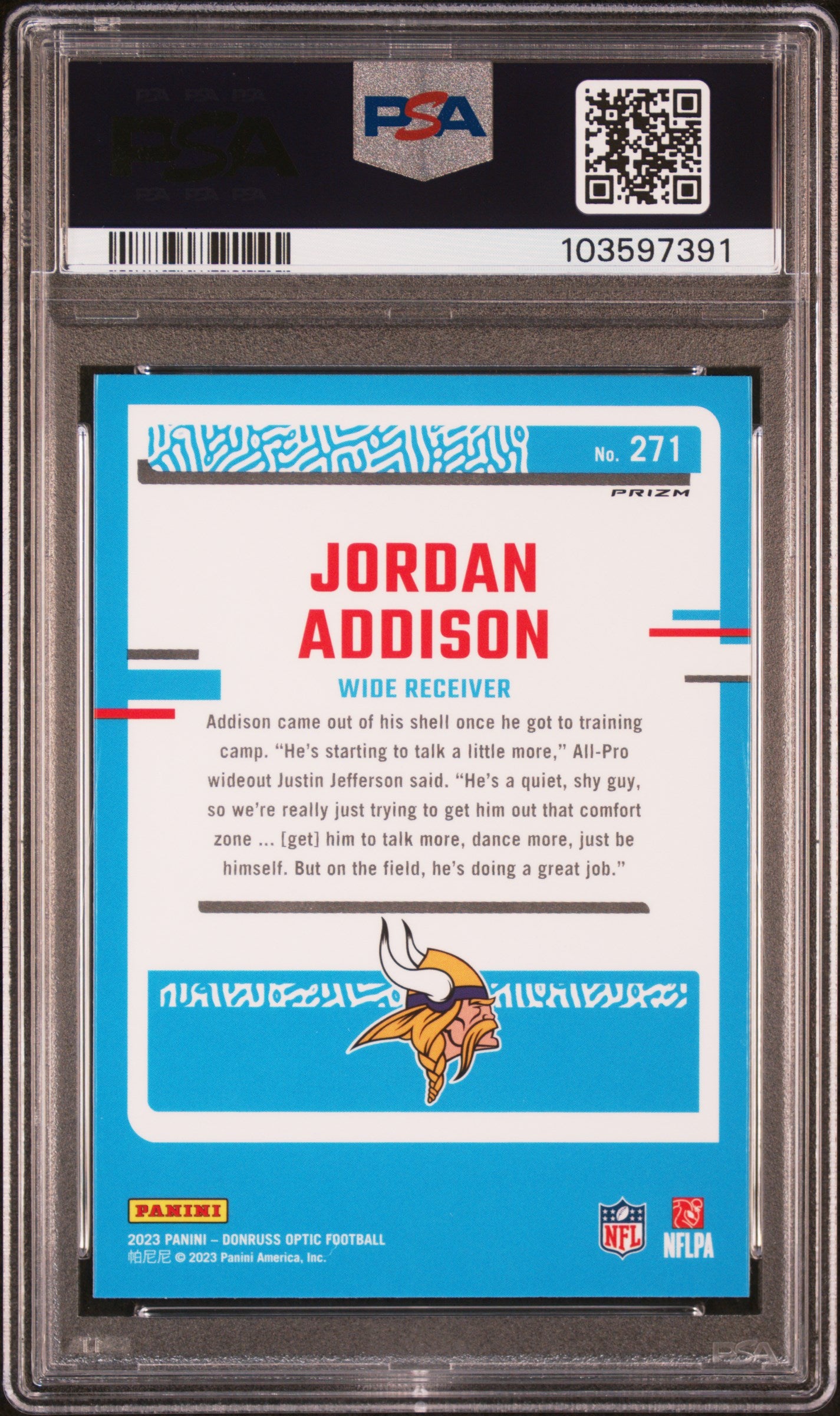 JORDAN ADDISON 2023 Panini Donruss Optic Rated Rookie Holo Prizm #271 PSA 10