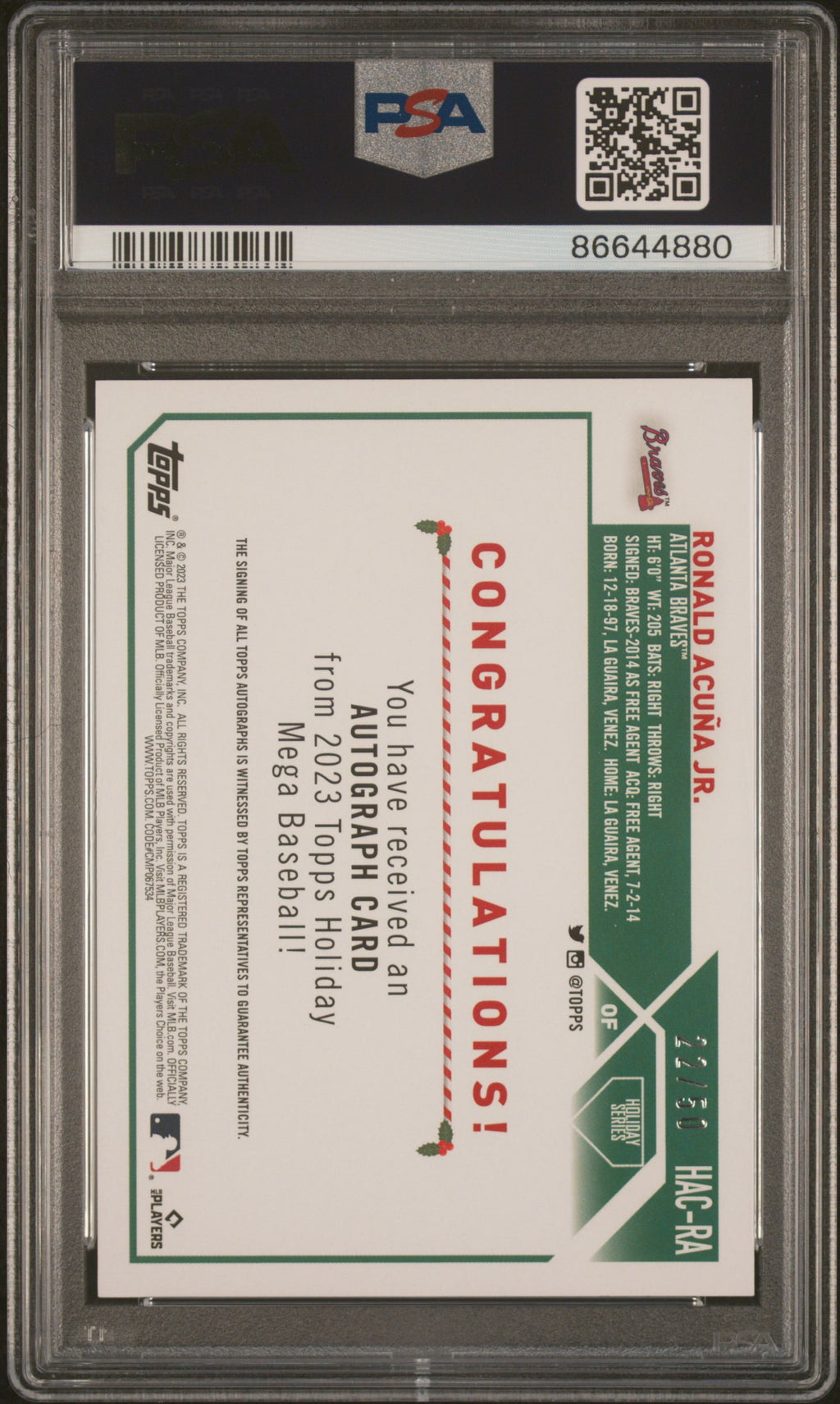RONALD ACUNA JR. 2023 Topps Holiday Auto #HACRA PSA 10 Braves