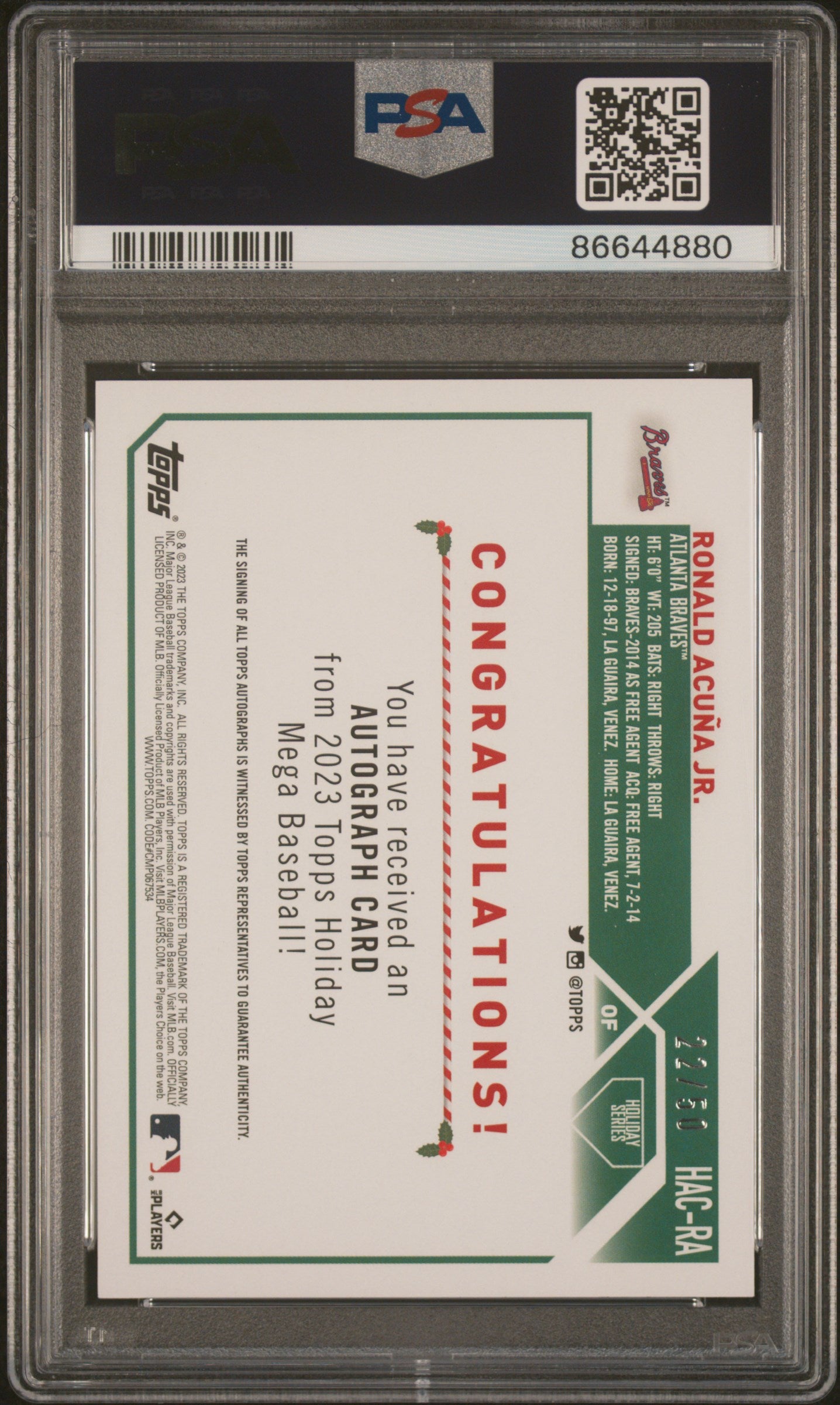 RONALD ACUNA JR. 2023 Topps Holiday Auto #HACRA PSA 10 Braves