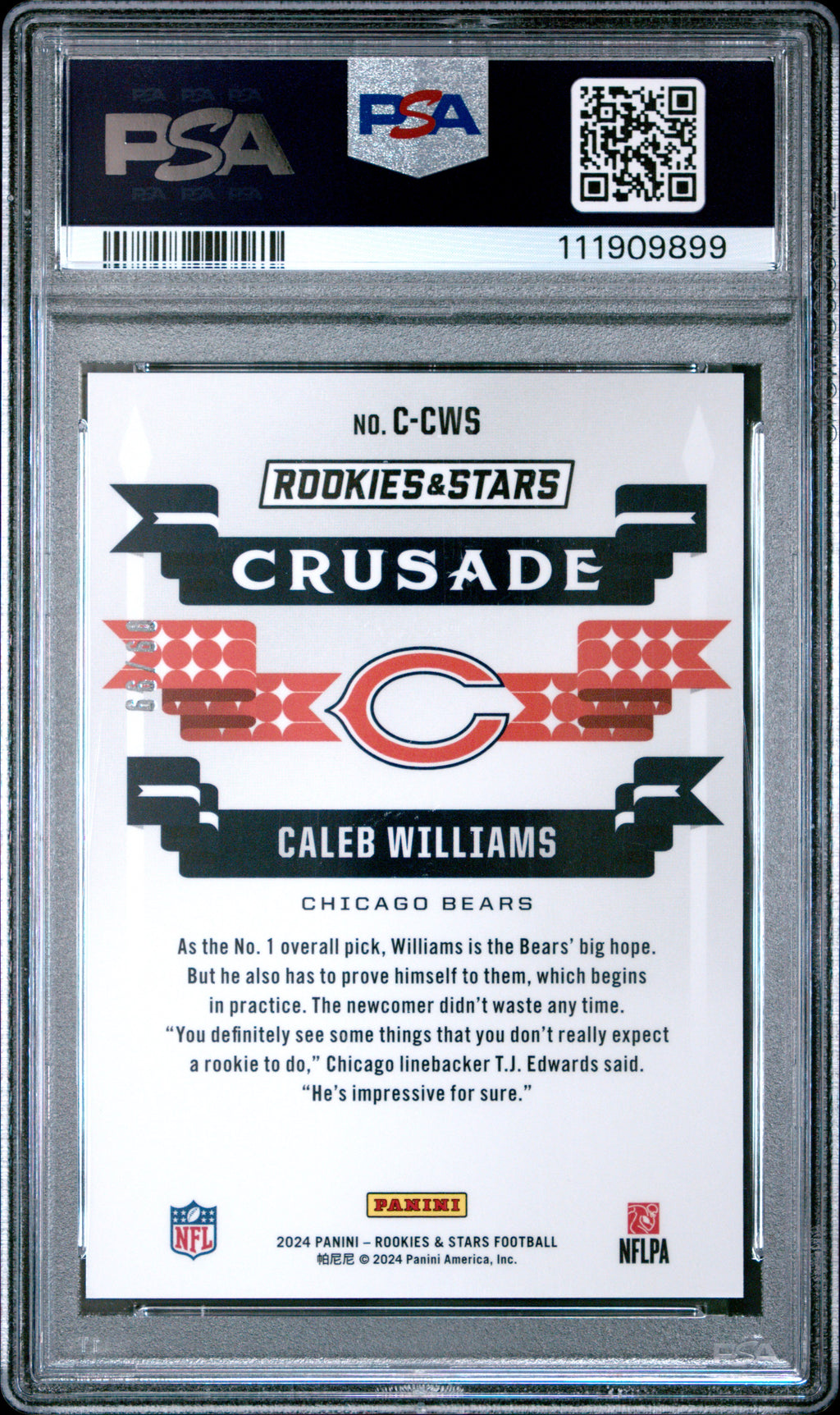 CALEB WILLIAMS 2024 Panini Rookies & Stars Crusade Red /99 Rookie PSA 10 Bears