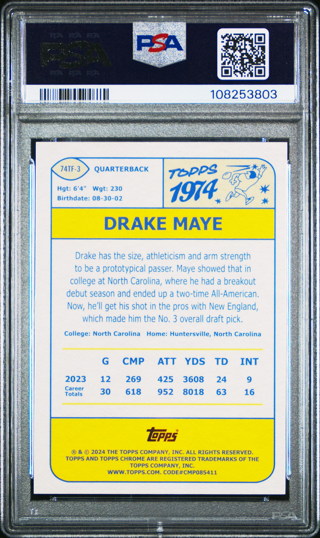 DRAKE MAYE 2024 Topps Chrome Rookie 1974 Pink Refractor #74TF3 PSA 10 Patriots