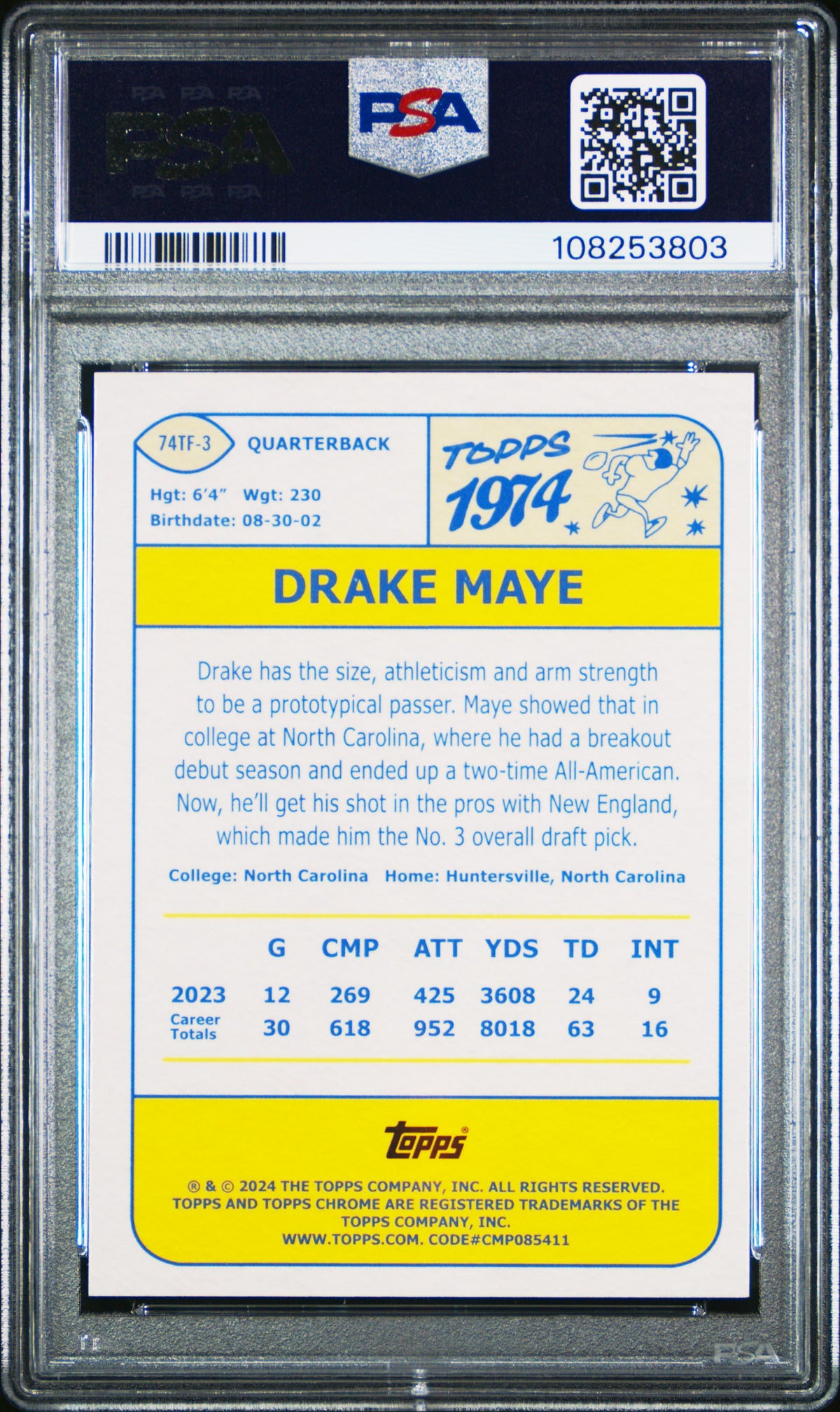 DRAKE MAYE 2024 Topps Chrome Rookie 1974 Pink Refractor #74TF3 PSA 10 Patriots