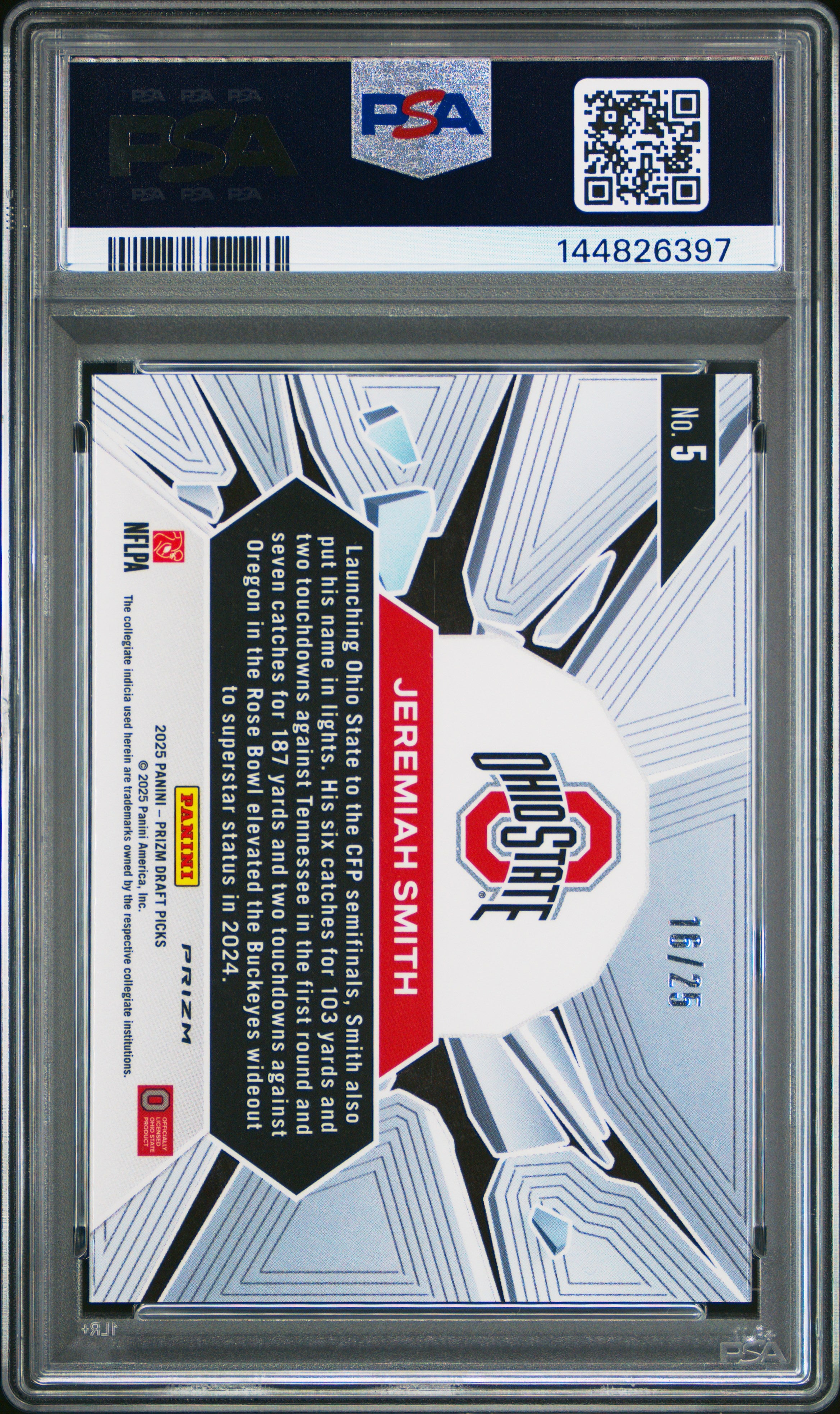 JEREMIAH SMITH 2025 Panini Prizm Draft Picks Prizm Break Mojo /25 #5 PSA 9