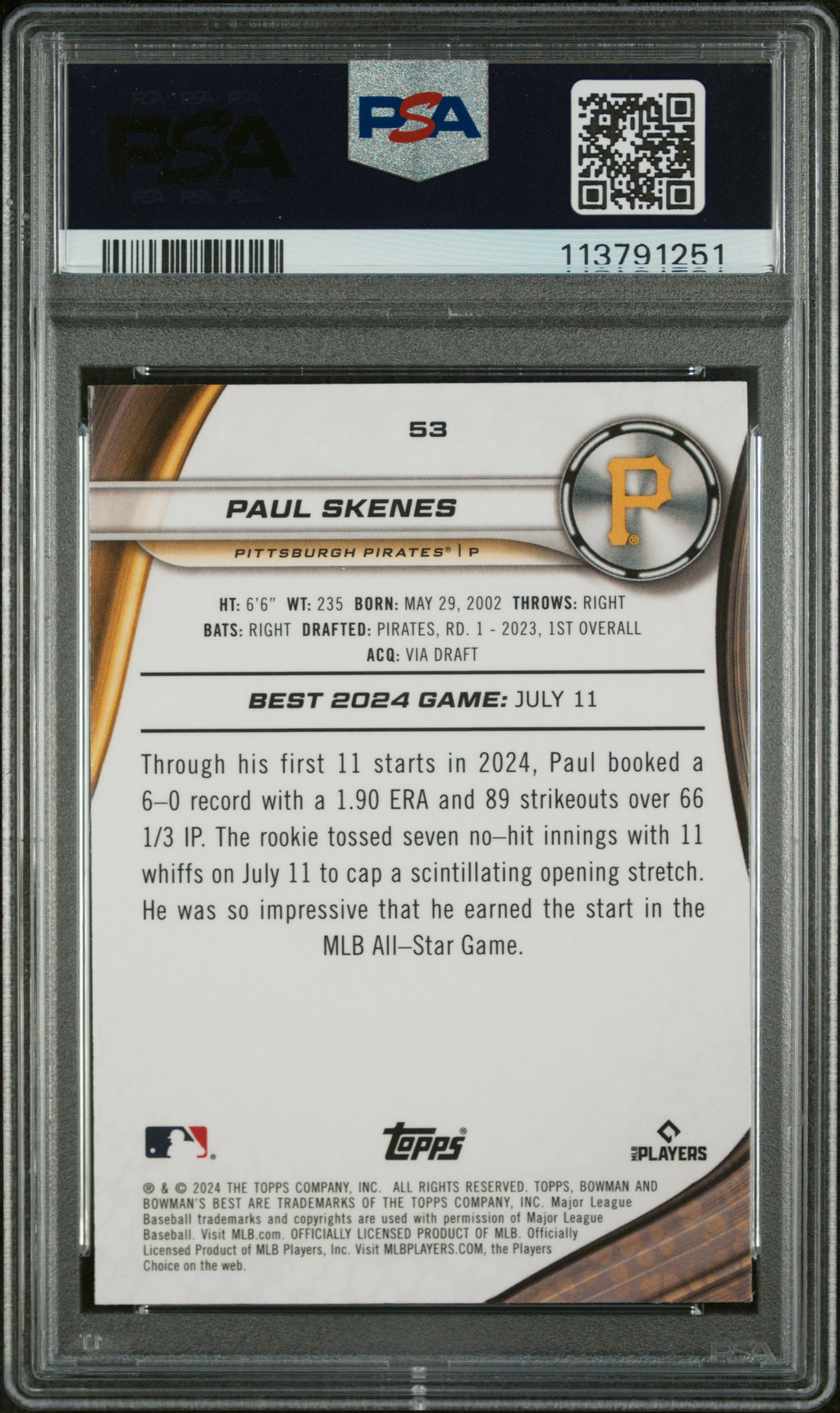 PAUL SKENES 2024 Bowman's Best Rookie Mini Diamond Refractor /299 #53 PSA 10