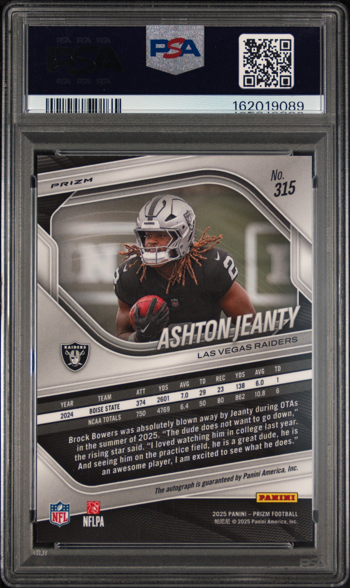 ASHTON JEANTY 2025 Panini Prizm Rookie Auto Silver #315 PSA 9 Raiders