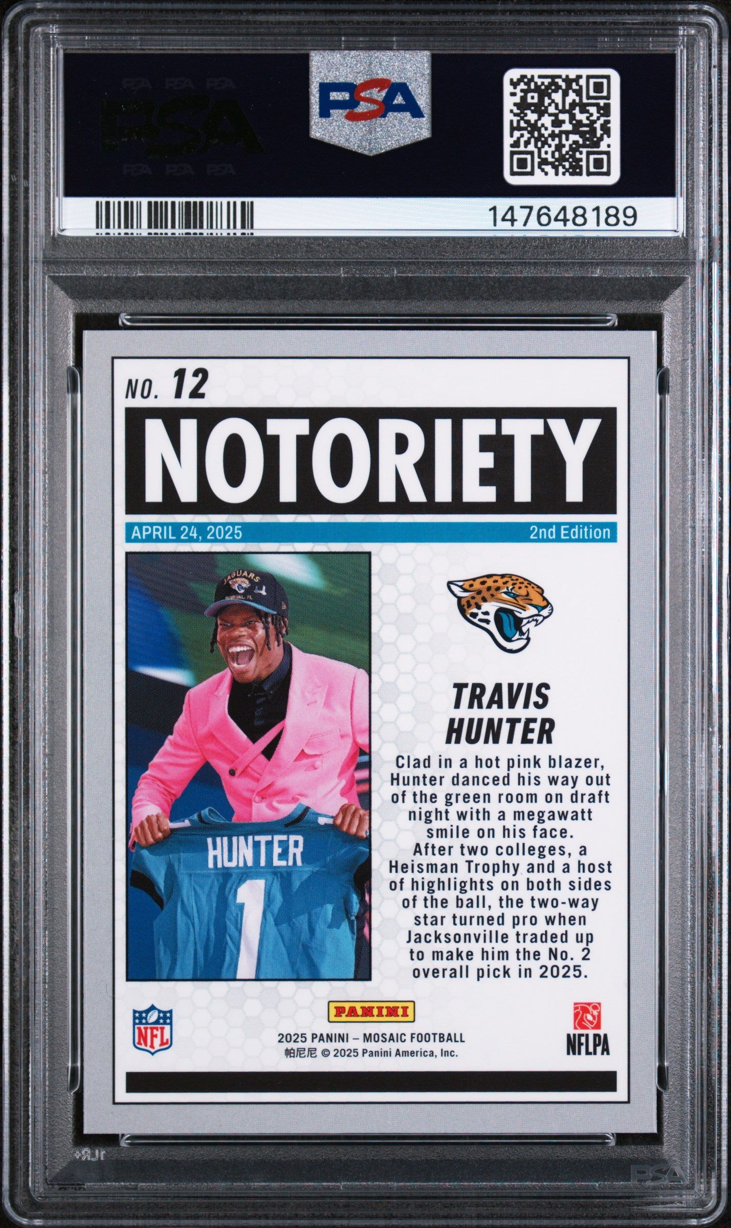 TRAVIS HUNTER 2025 Panini Mosaic Rookie Notoriety Silver Prizm #12 PSA 10