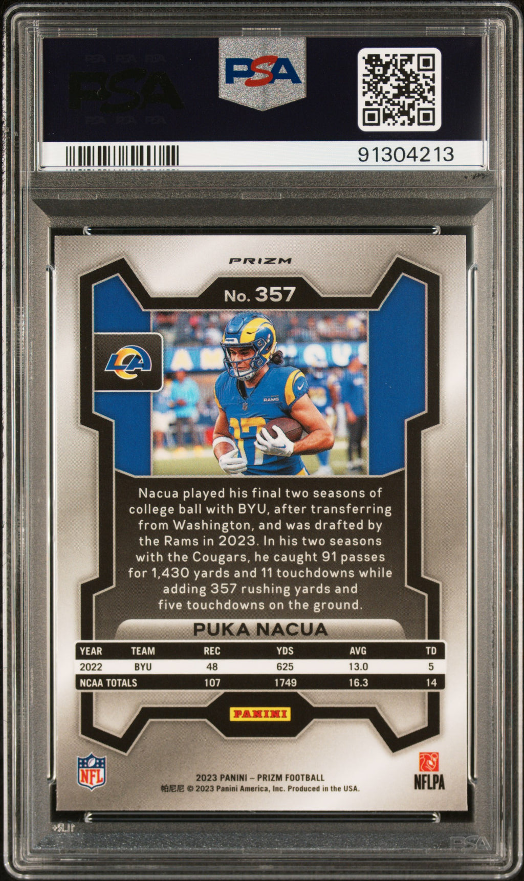 PUKA NACUA 2023 Panini Prizm Rookie Green Wave #357 PSA 10 Rams