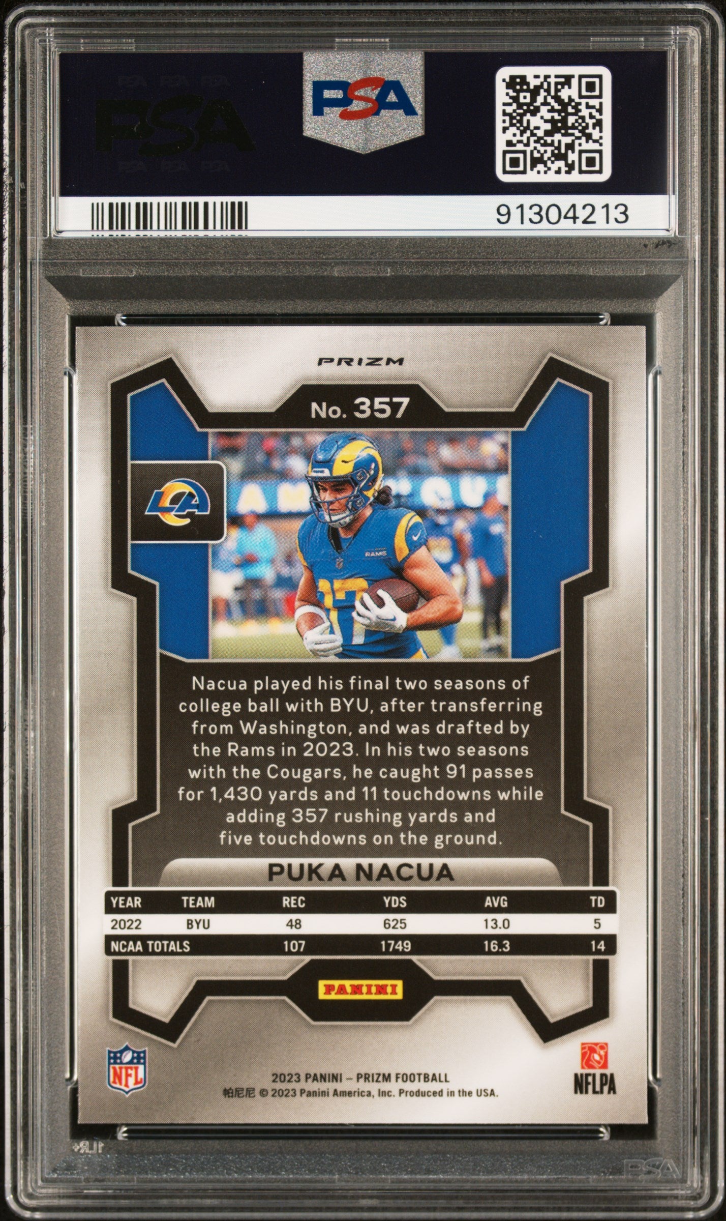 PUKA NACUA 2023 Panini Prizm Rookie Green Wave #357 PSA 10 Rams