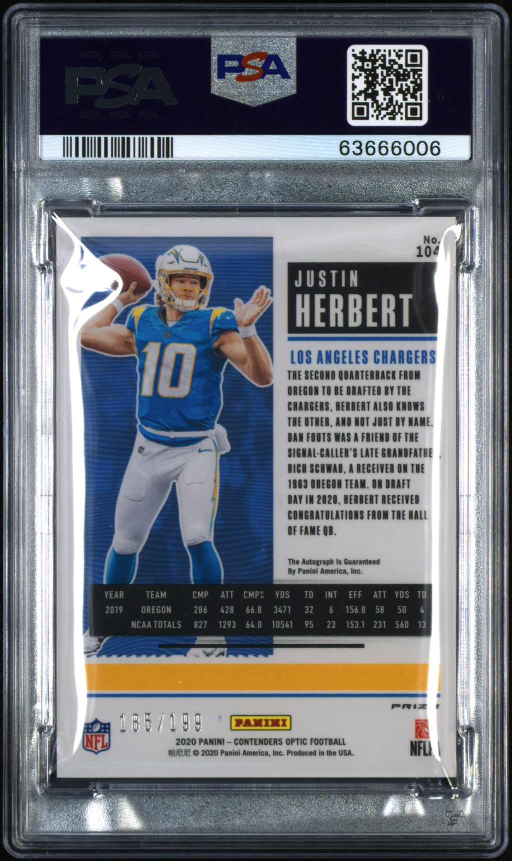 JUSTIN HERBERT 2020 Panini Contenders Optic Rookie Ticket Auto Red /199 PSA 10