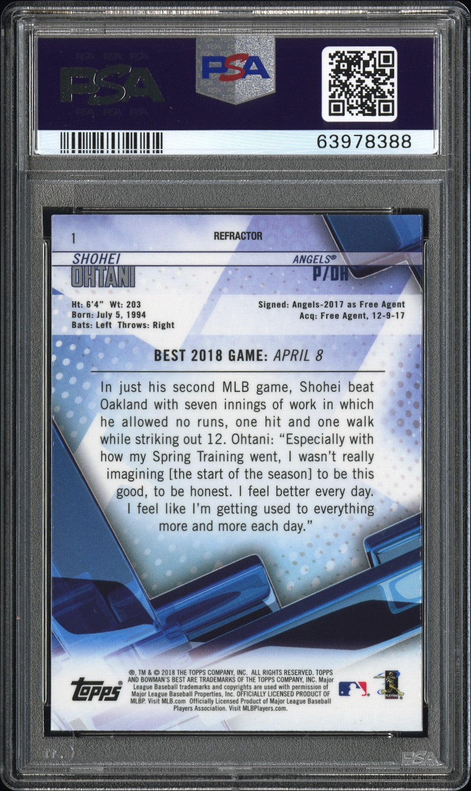 SHOHEI OHTANI 2018 Bowman's Best Rookie Refractor #1 PSA 10 Angels