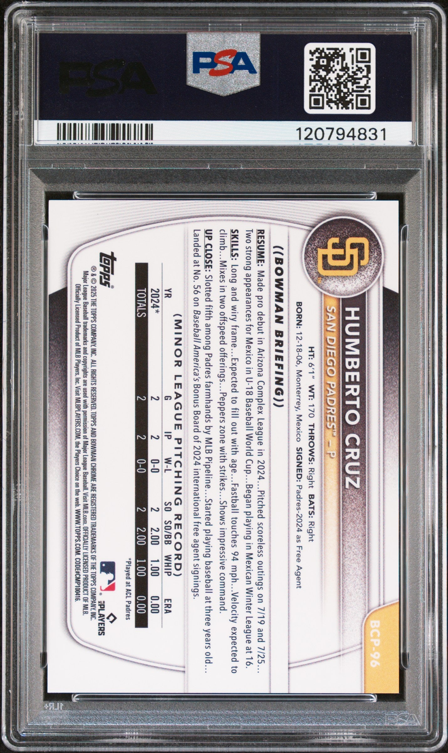 HUMBERTO CRUZ 2025 Bowman Chrome Prospect 1st Orange Geometric /25 #BCP96 PSA 10