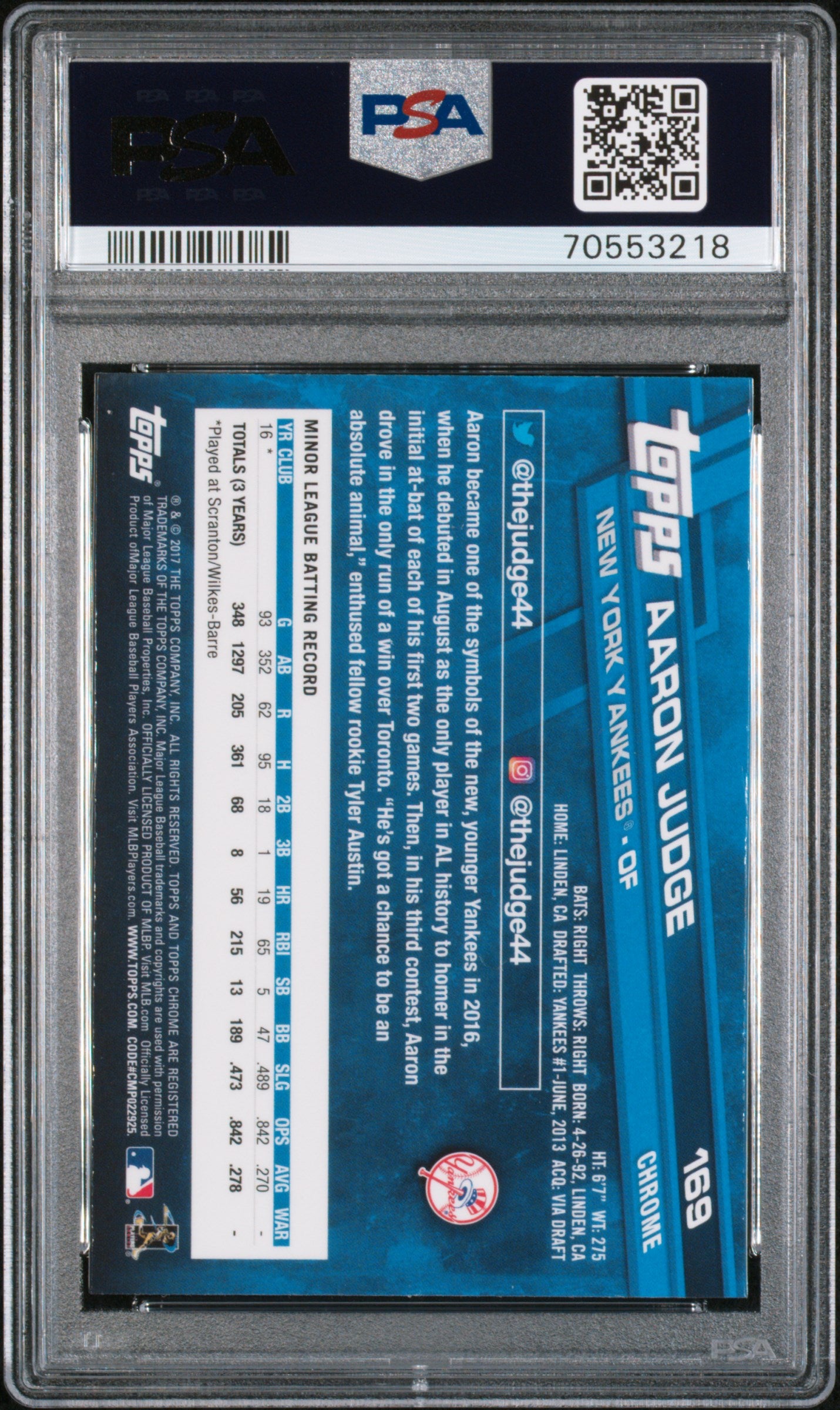 AARON JUDGE 2017 Topps Chrome Rookie Catching #169 PSA 10 Yankees