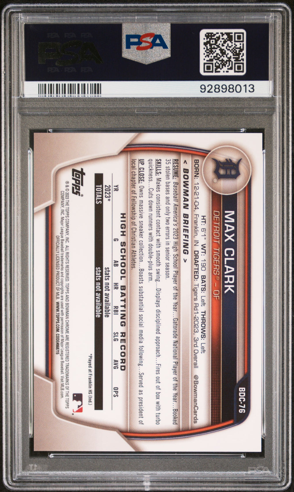 MAX CLARK 2023 Bowman Draft Chrome Variation Short Print PSA 10 #BDC76 Tigers