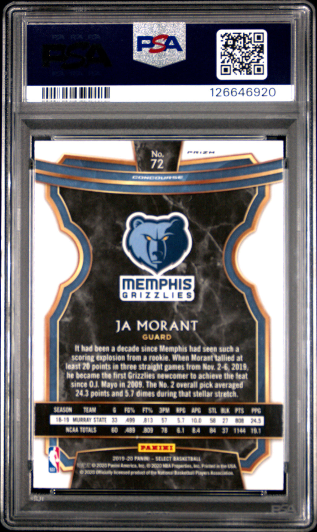 JA MORANT 2019-20 Panini Select Concourse Rookie Silver Prizm #72 PSA 10