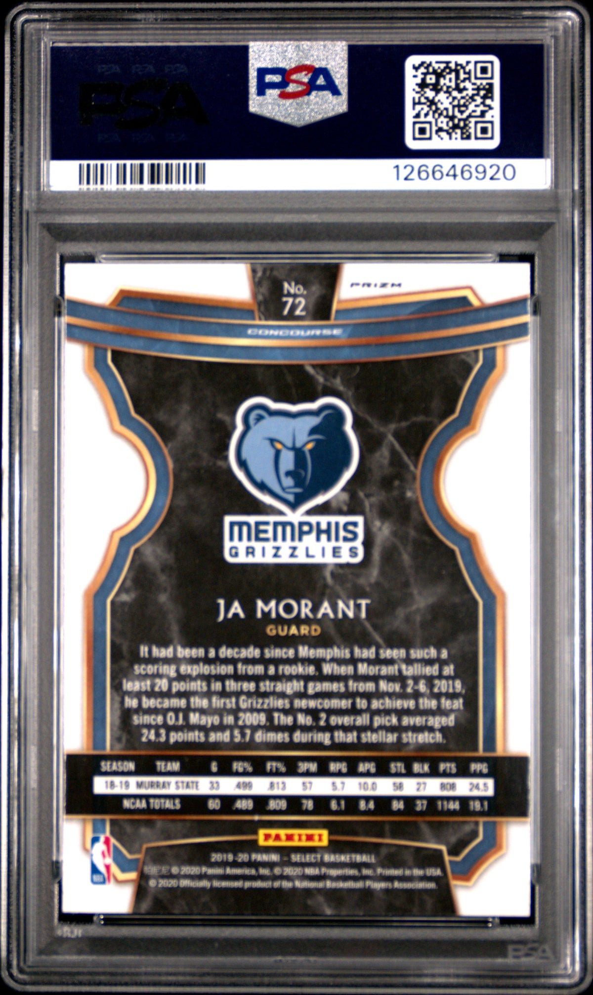 JA MORANT 2019-20 Panini Select Concourse Rookie Silver Prizm #72 PSA 10