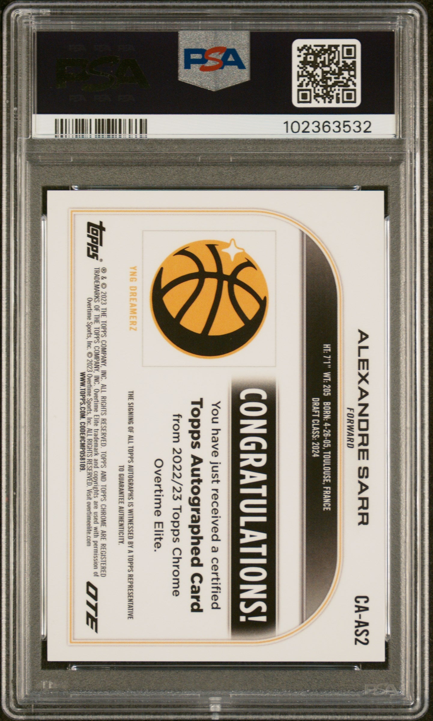 ALEXANDRE SARR 2022-23 Topps Chrome Overtime Elite Auto #CAAS2 PSA 9