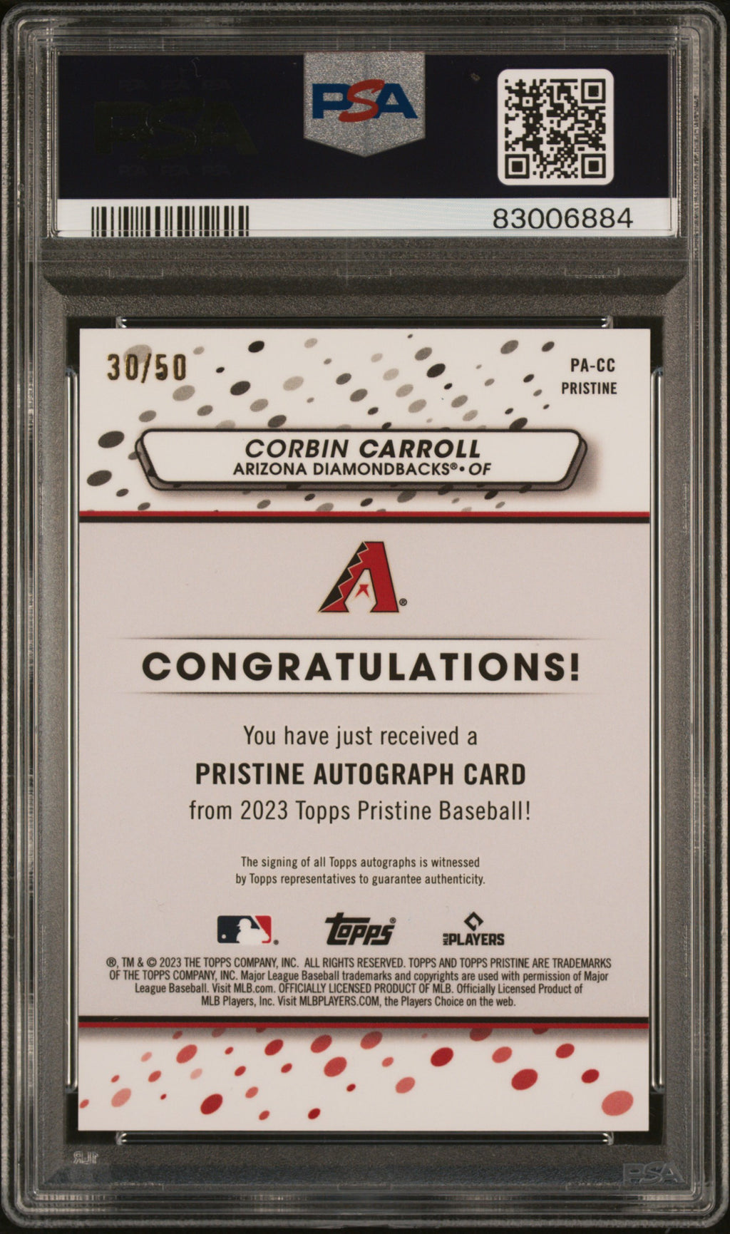 CORBIN CARROLL 2023 Topps Pristine Rookie Auto Gold Refractor /50 #PACC PSA 10