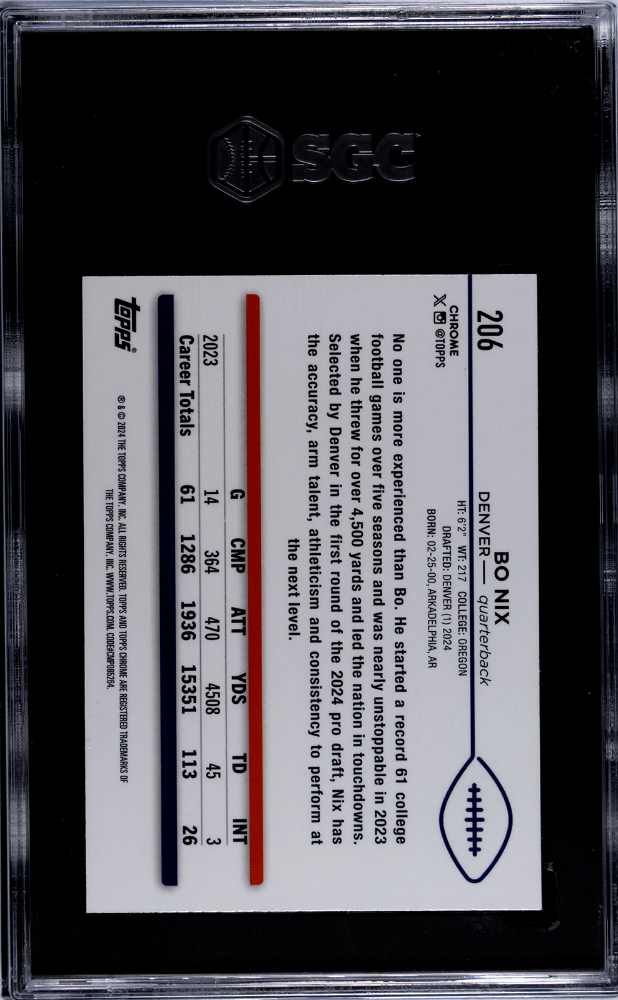 BO NIX 2024 Topps Chrome Rookie Yellow Wave Refractor /75 #206 SGC 9.5 Broncos