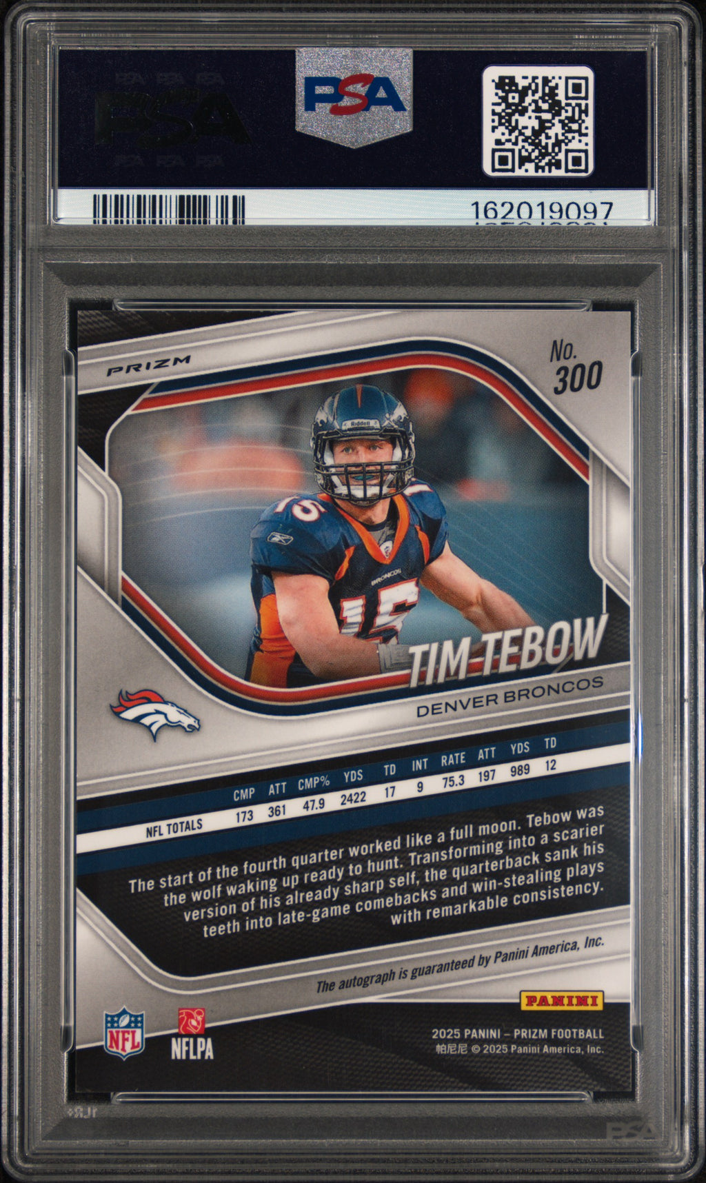TIM TEBOW 2025 Panini Prizm Auto Silver #300 PSA 9 Broncos