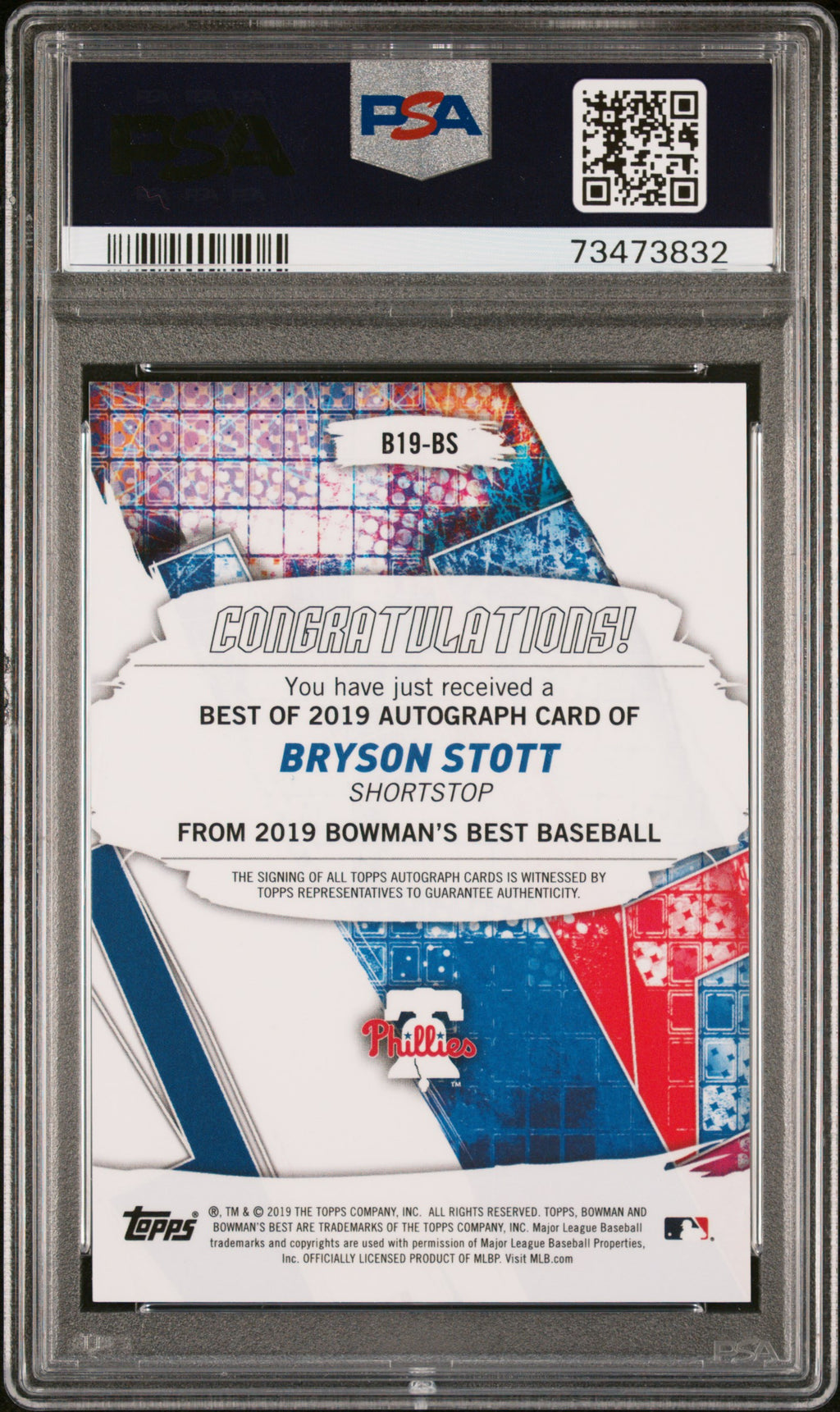 BRYSON STOTT 2019 Bowman's Best Gold Refractor Auto /50 PSA 9 Phillies