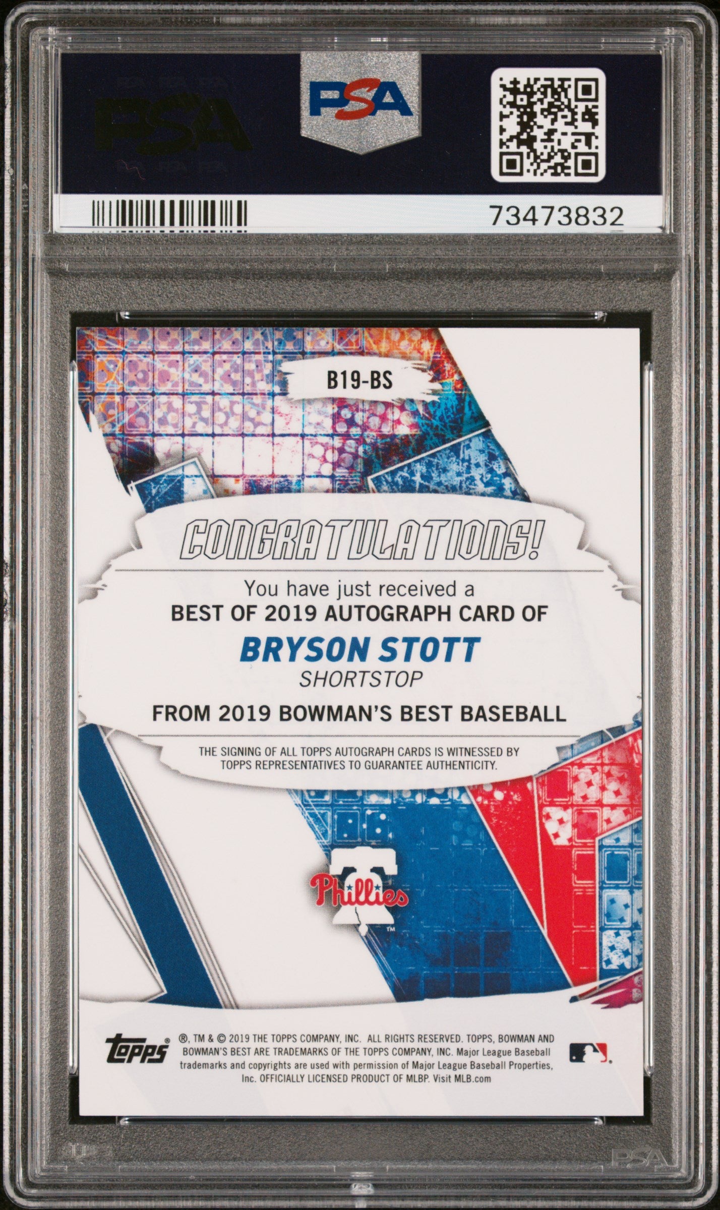 BRYSON STOTT 2019 Bowman's Best Gold Refractor Auto /50 PSA 9 Phillies
