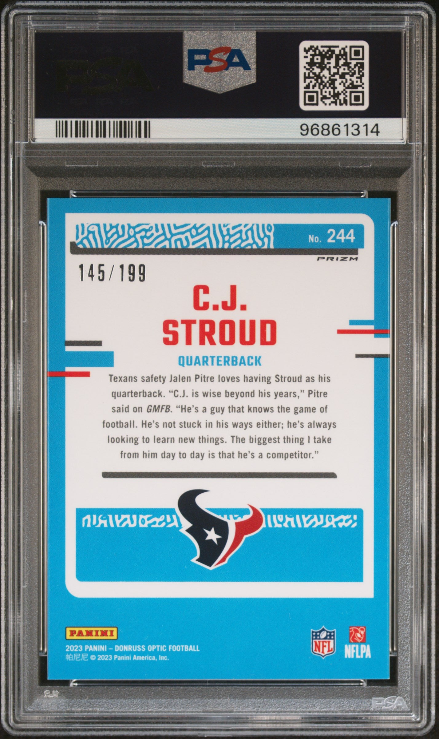 CJ STROUD 2023 Panini Donruss Optic Rated Rookie Blue Prizm /199 #244 PSA 9