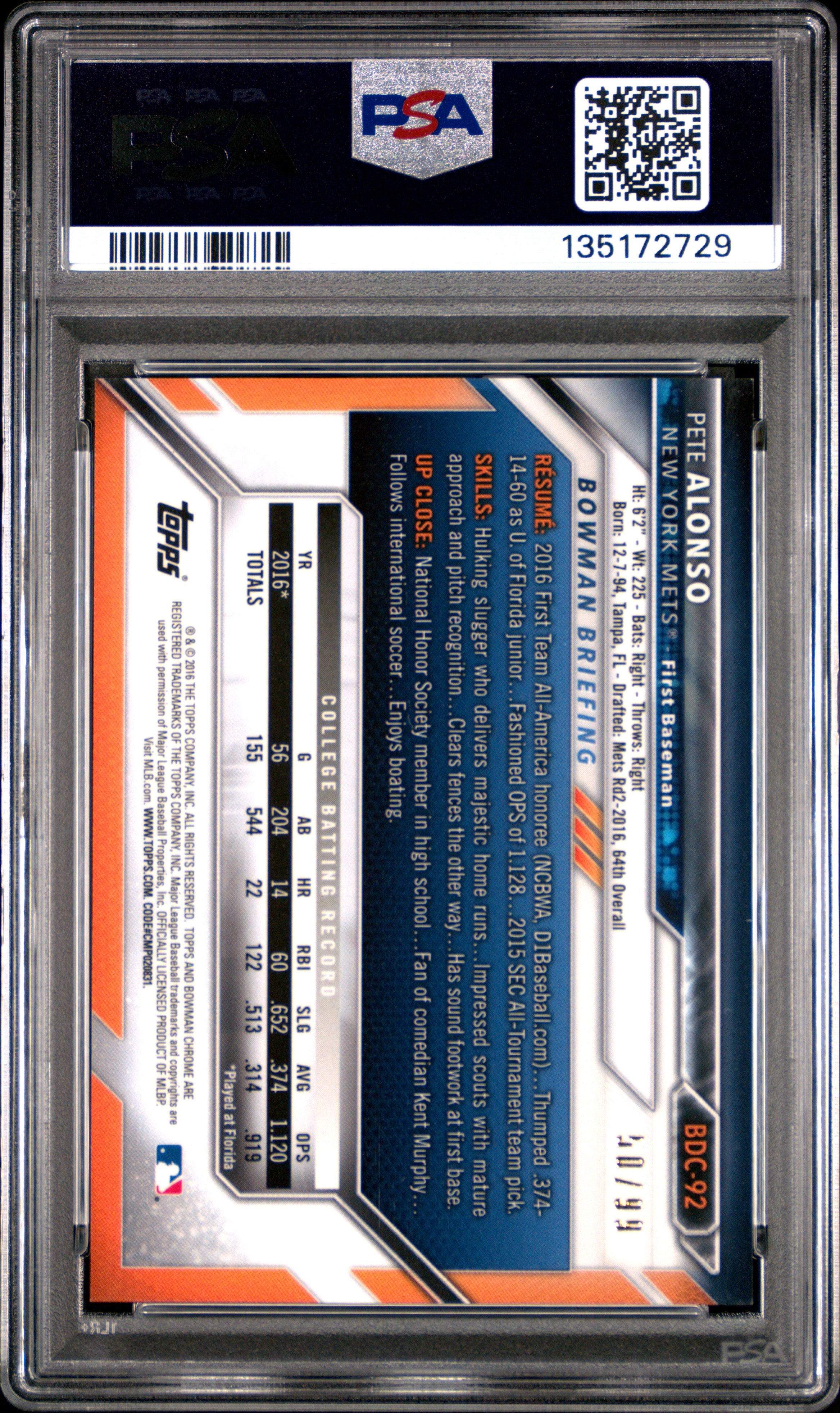 PETE ALONSO 2016 Bowman Draft Chrome 1st Green Refractor /99 PSA 10 #BDC92 Mets