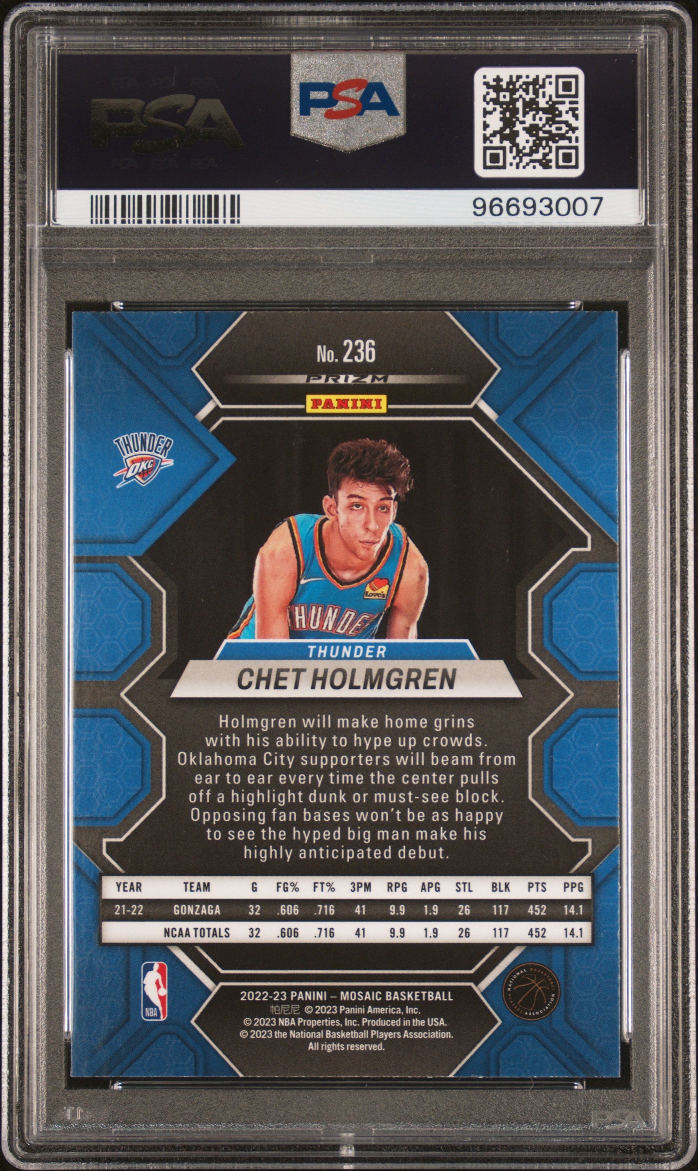 CHET HOLMGREN 2022-23 Panini Mosaic Green Prizm Rookie #236 PSA 10 Thunder