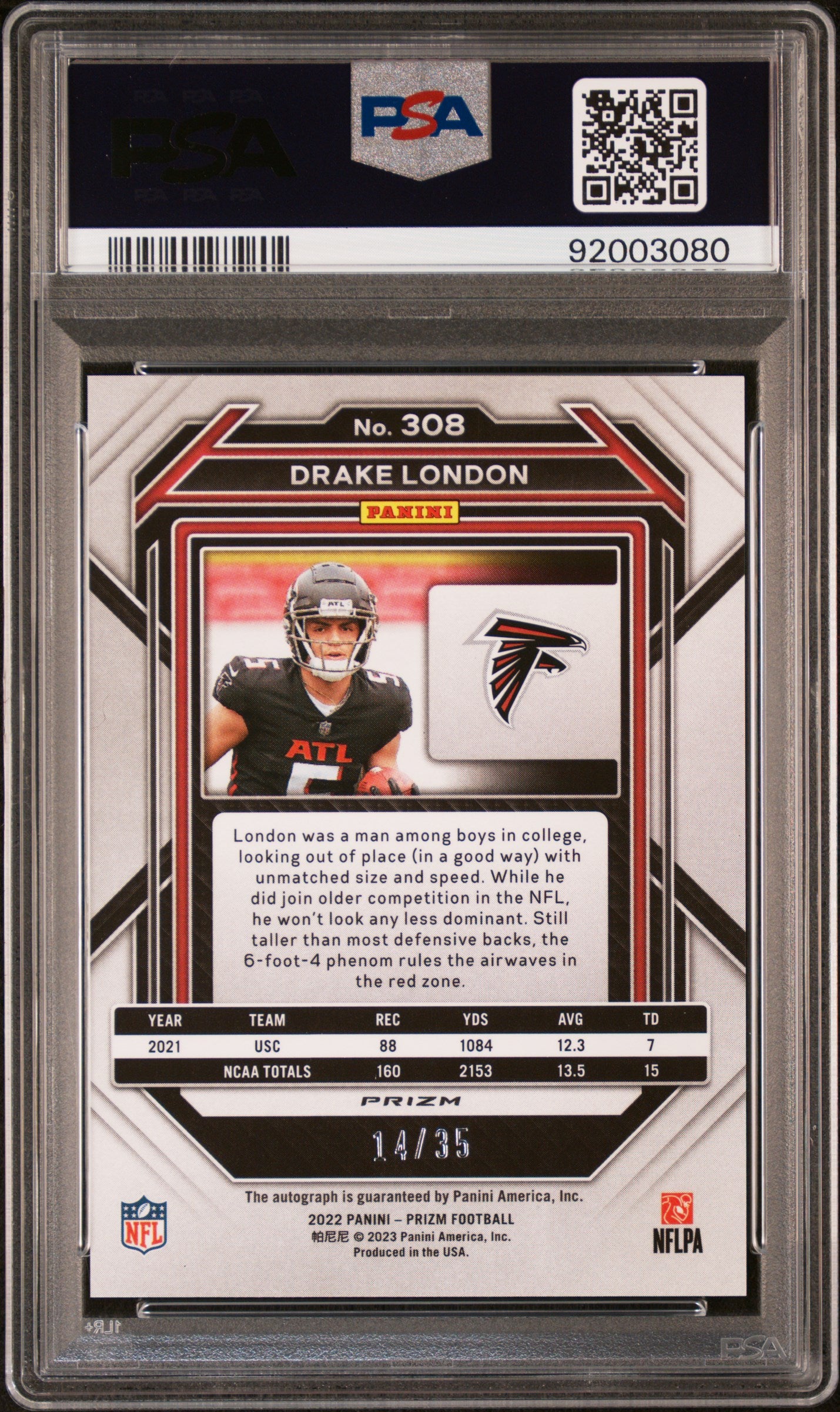 DRAKE LONDON 2022 Panini Prizm Rookie Auto Red Shimmer FOTL /35 #308 PSA 10