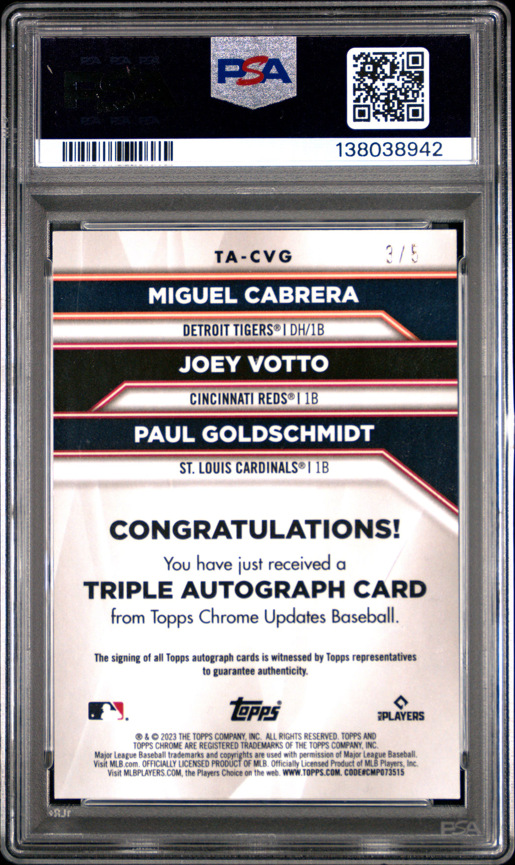 CABRERA VOTTO GOLDSCHMIDT 2023 Topps Chrome Update Auto Red /5 #CVG PSA 10