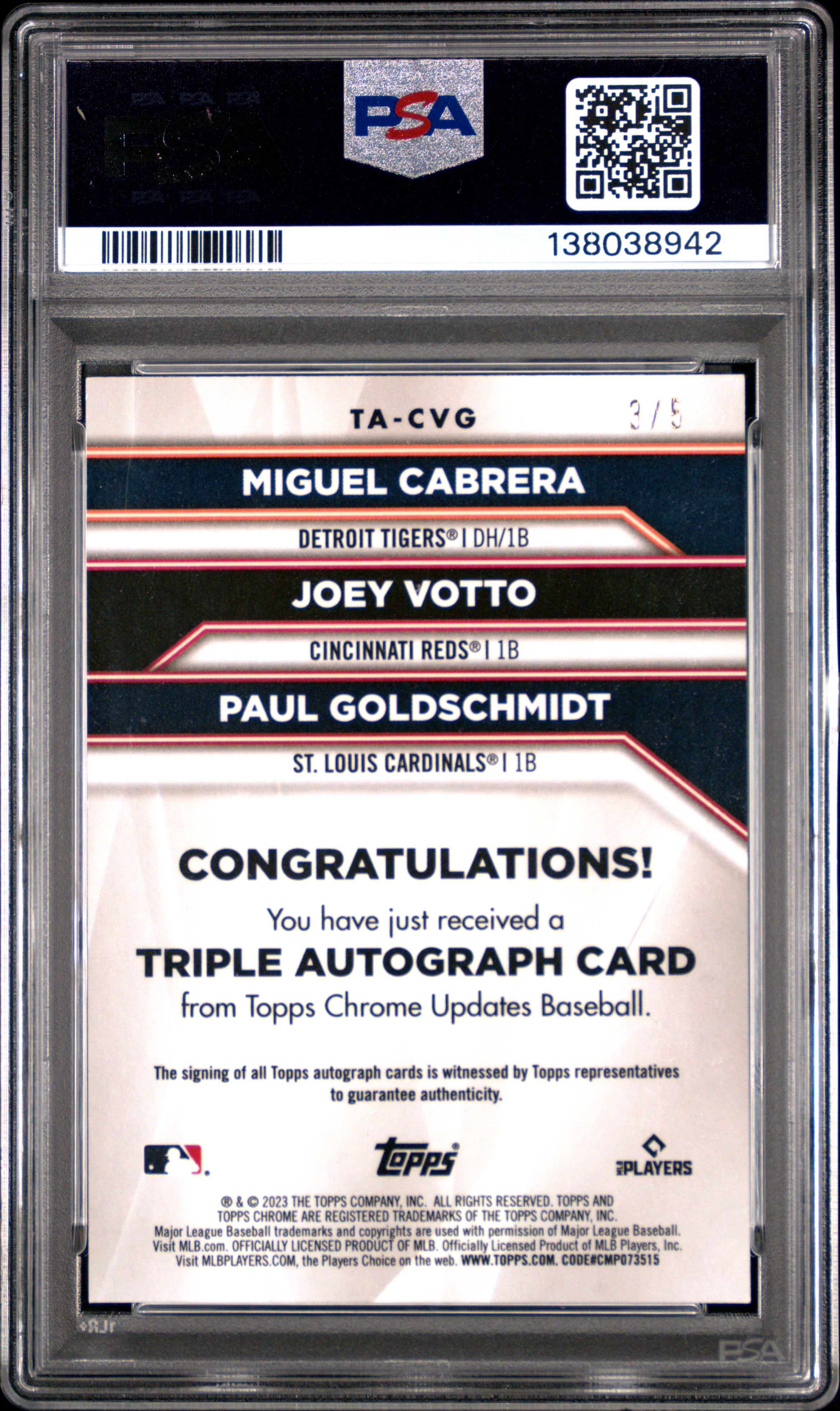 CABRERA VOTTO GOLDSCHMIDT 2023 Topps Chrome Update Auto Red /5 #CVG PSA 10