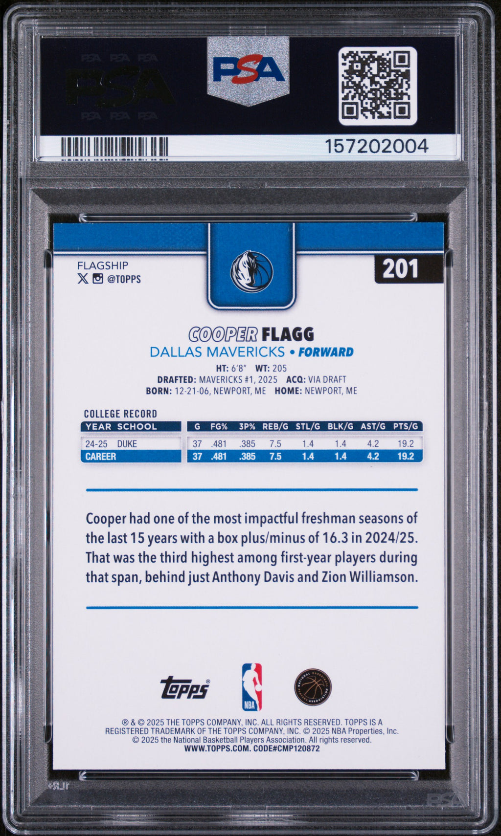 COOPER FLAGG 2025-26 Topps Rookie Season Tip Off Parallel #201 PSA 9 Mavericks