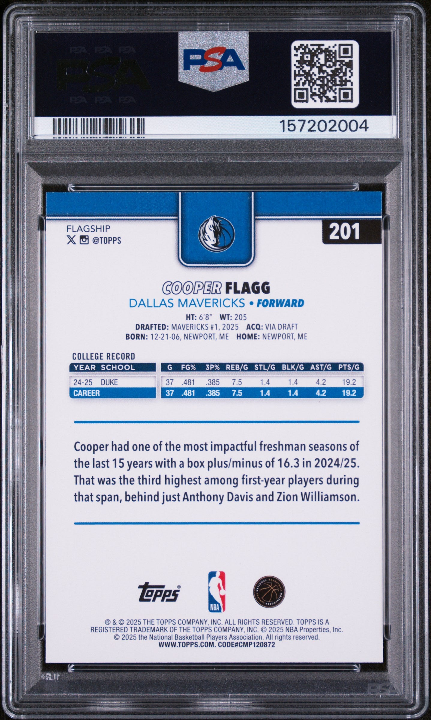 COOPER FLAGG 2025-26 Topps Rookie Season Tip Off Parallel #201 PSA 9 Mavericks