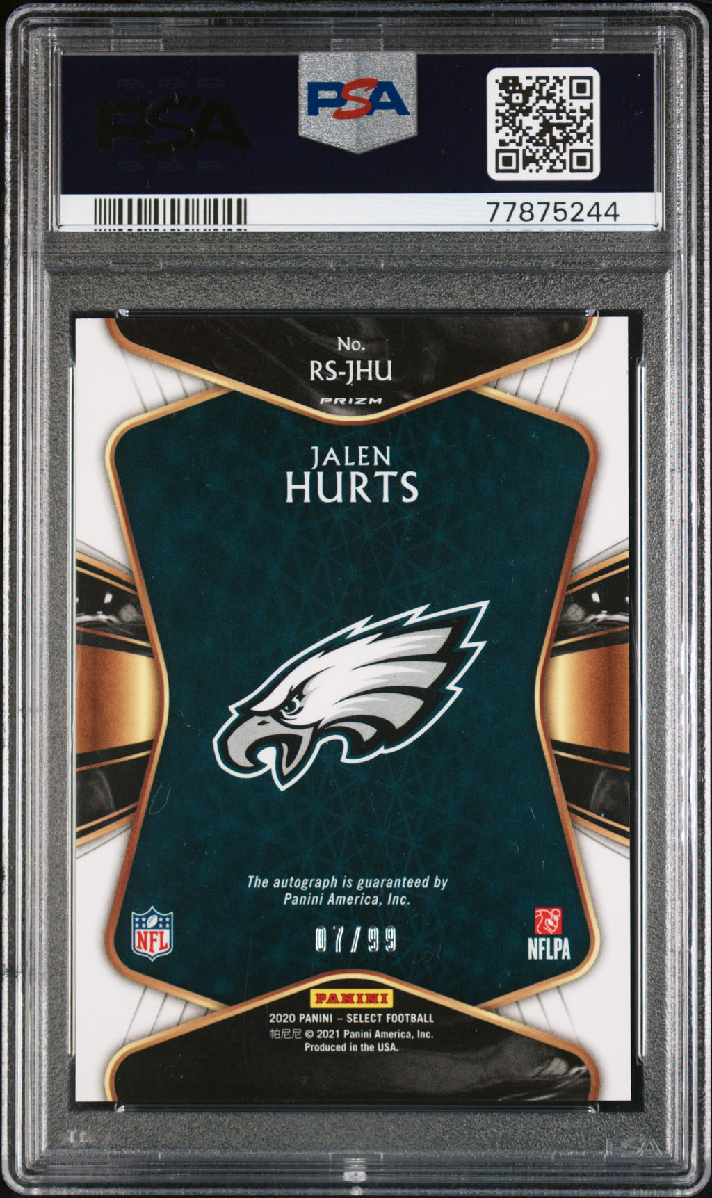 JALEN HURTS 2020 Panini Select Rookie Signatures Prizm Auto /99 #JHU PSA 10