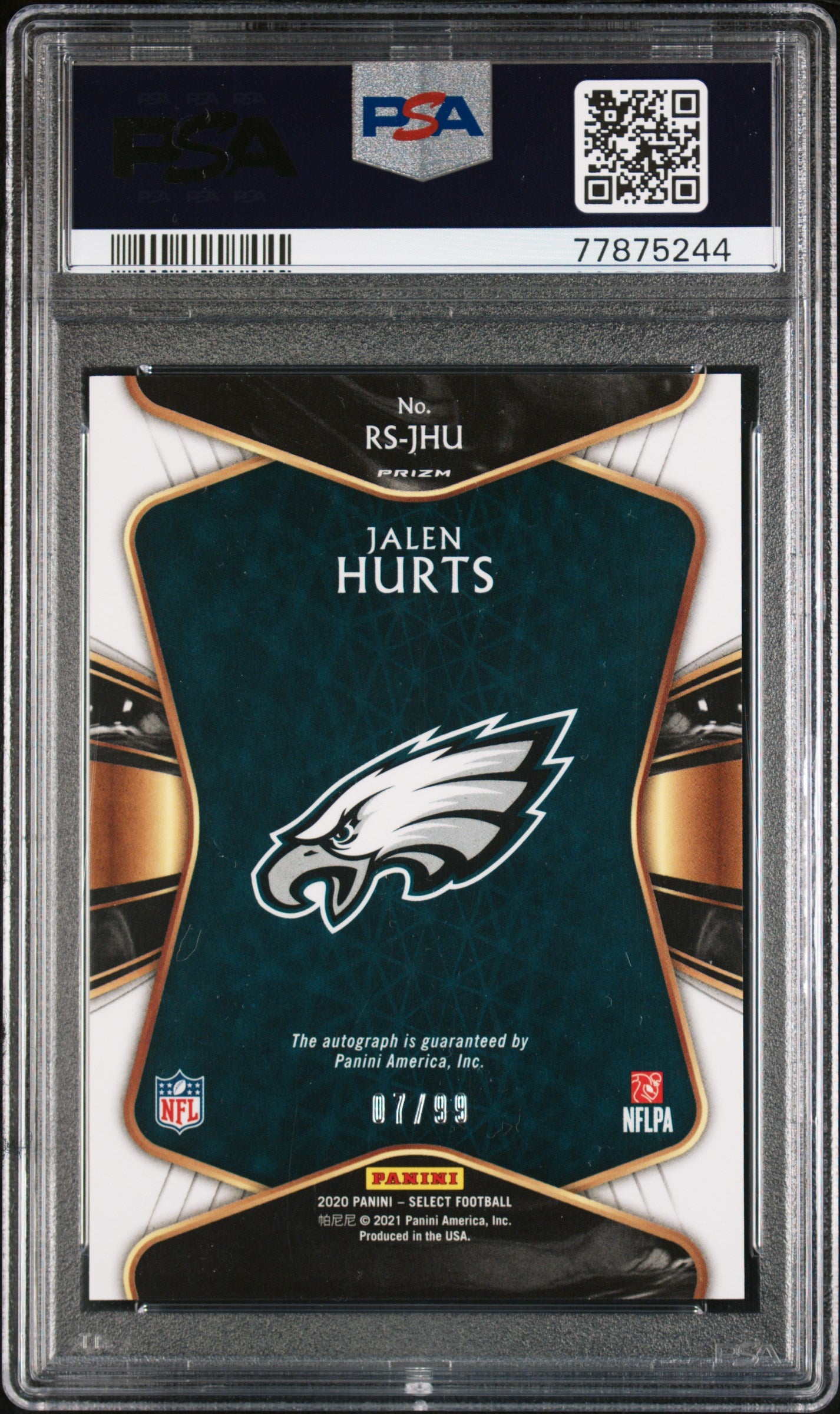 JALEN HURTS 2020 Panini Select Rookie Signatures Prizm Auto /99 #JHU PSA 10