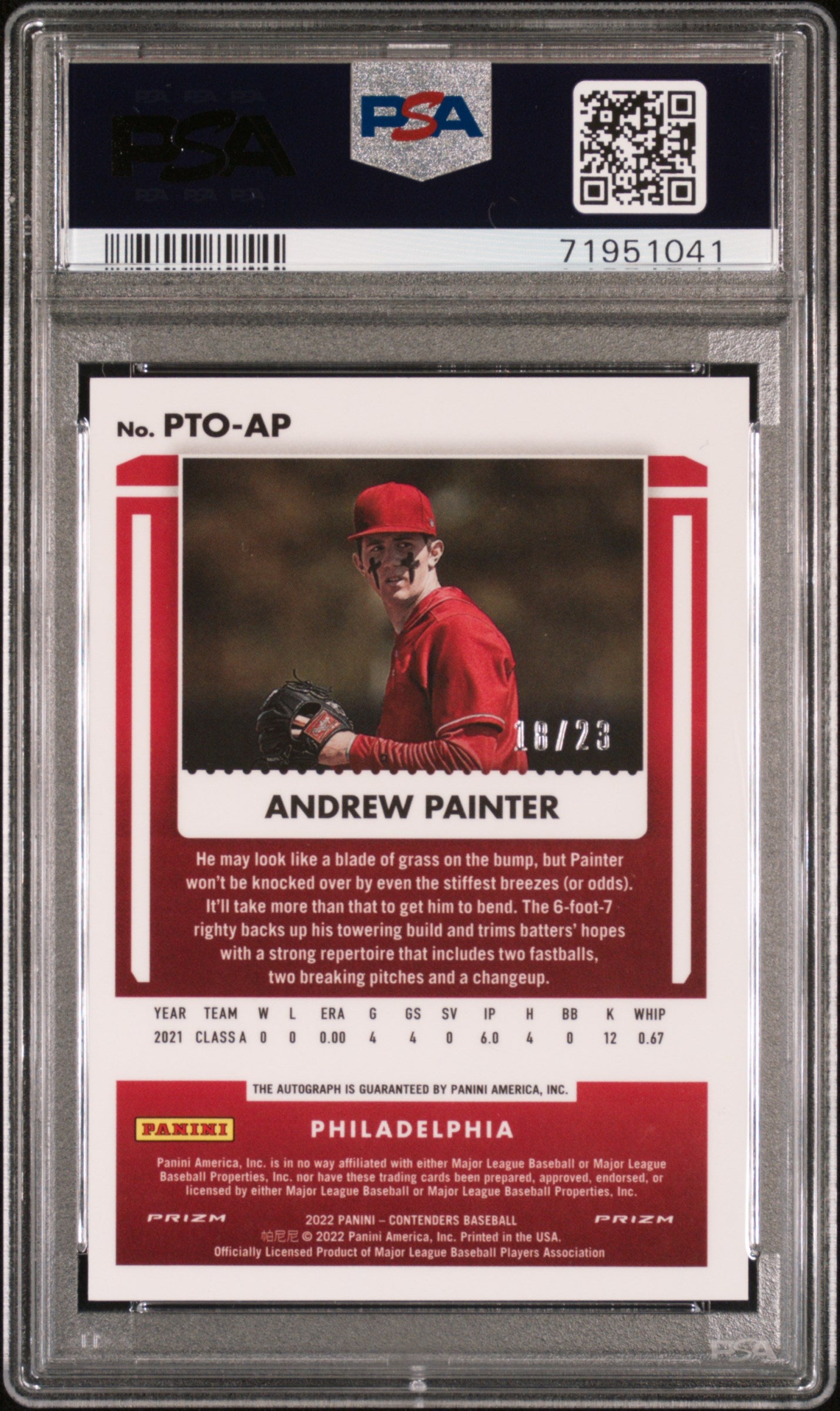 ANDREW PAINTER 2022 Contenders Optic Prospect Ticket Auto Cracked Ice /23 PSA 10