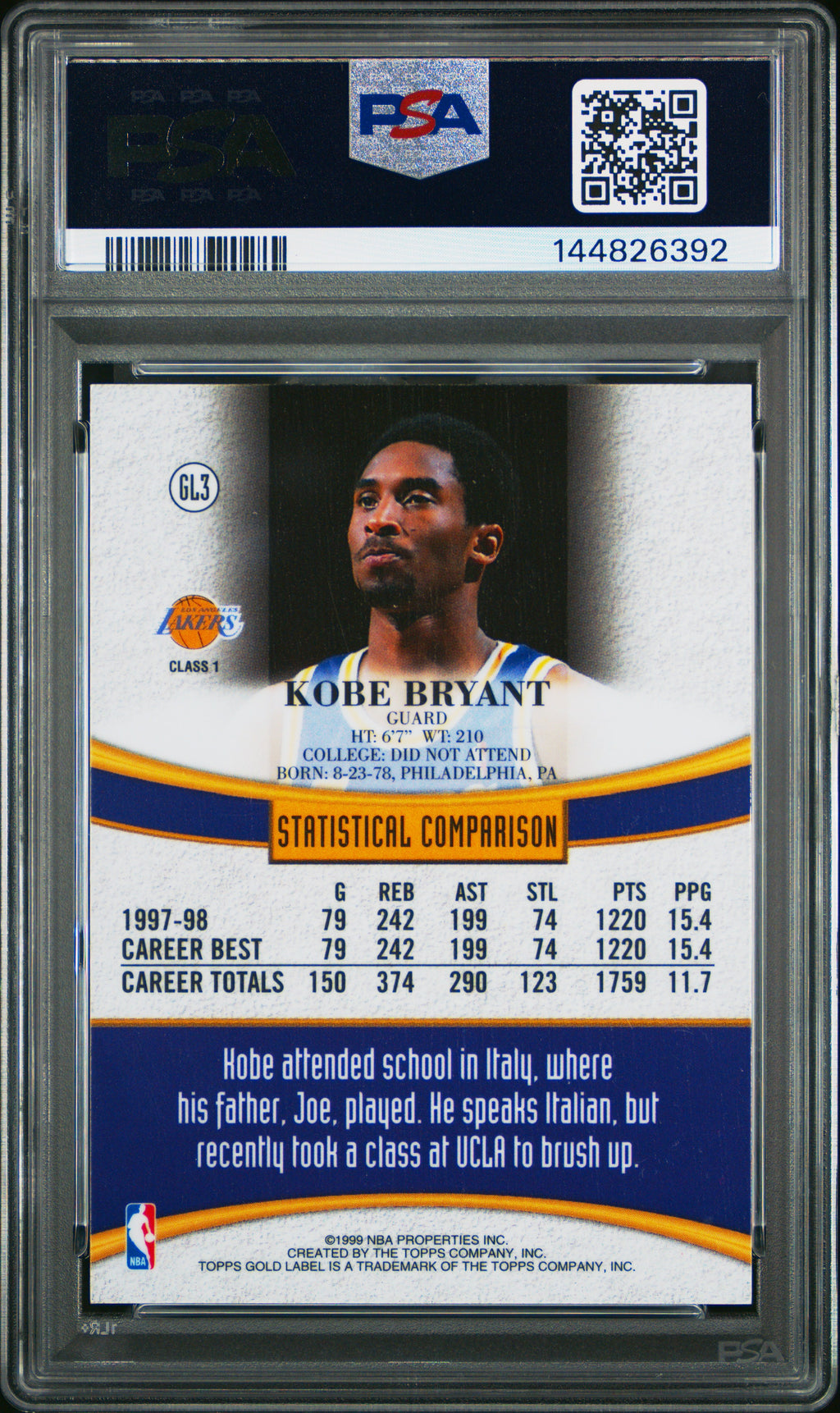 KOBE BRYANT 1998-99 Topps Gold Label Class 1 #GL3 PSA 8 Lakers