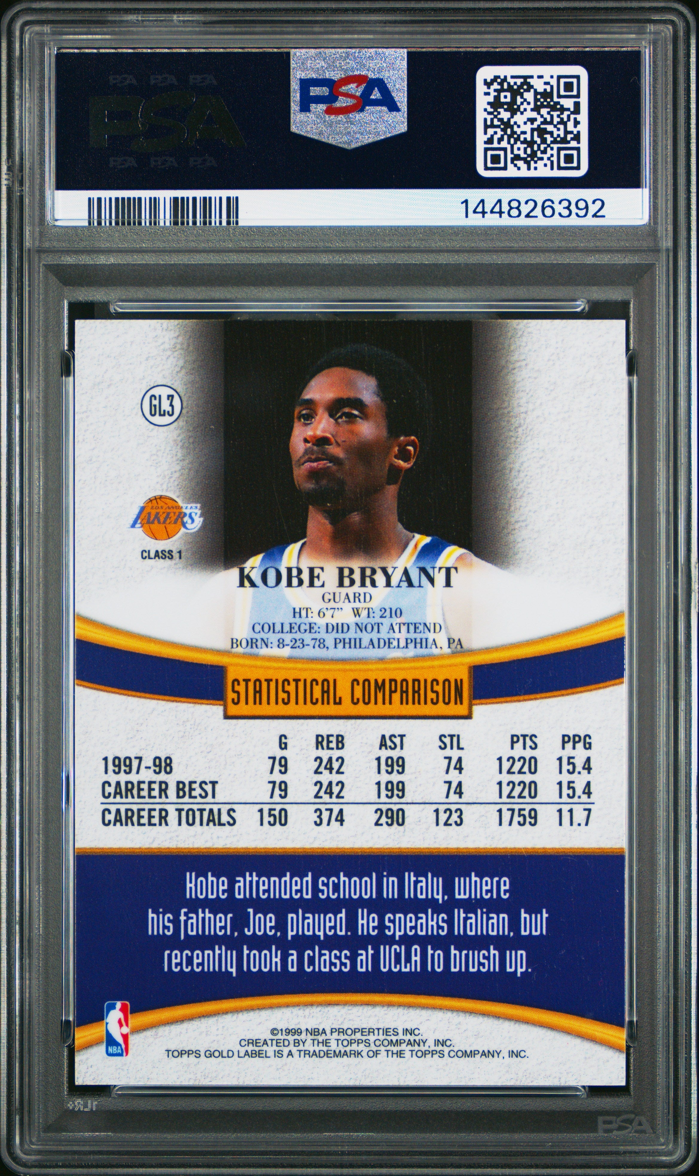 KOBE BRYANT 1998-99 Topps Gold Label Class 1 #GL3 PSA 8 Lakers