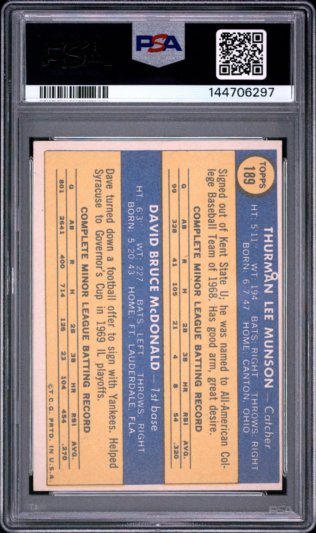 THURMAN MUNSON DAVE MCDONALD 1970 Topps Yankees Rookie Stars #189 PSA 4