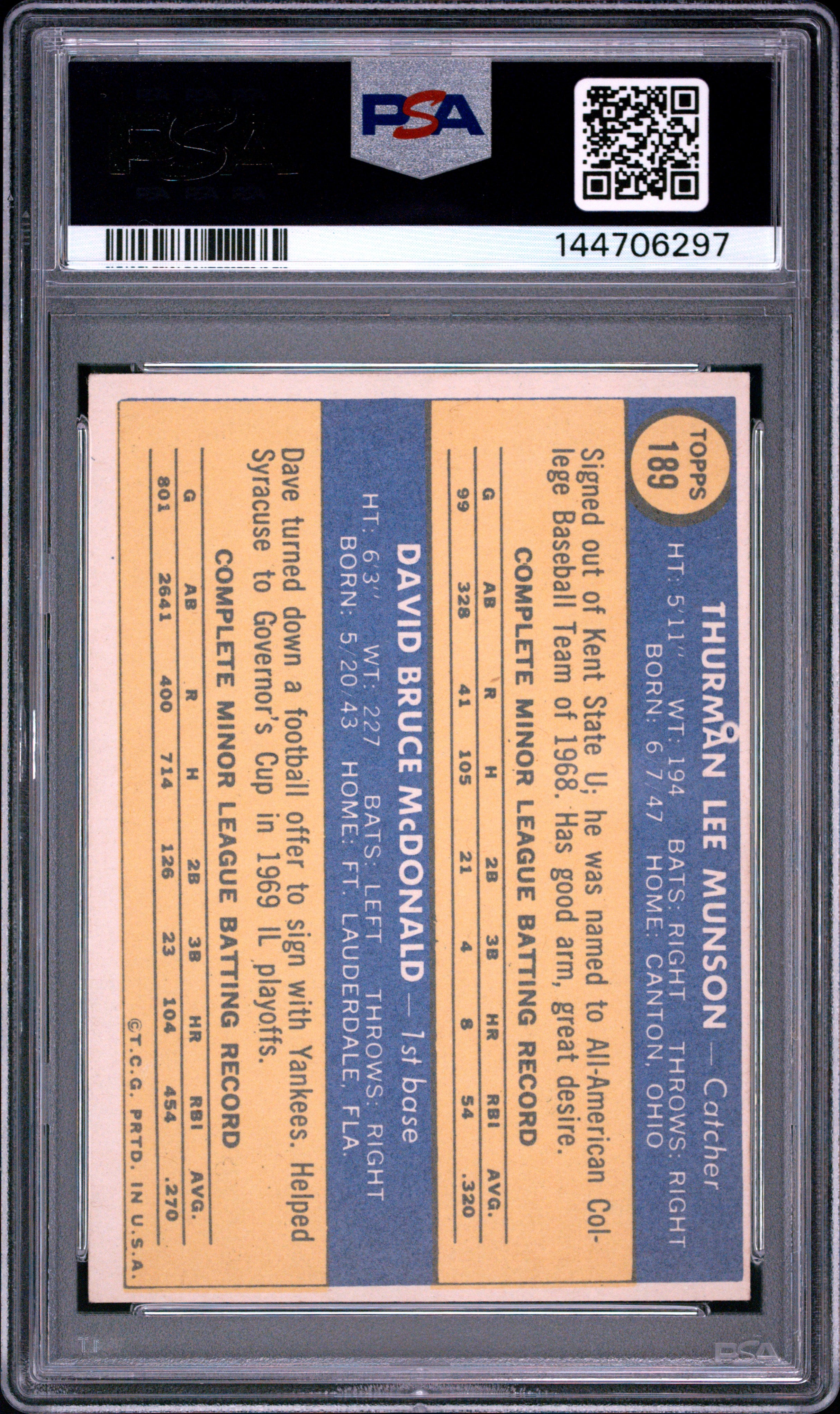THURMAN MUNSON DAVE MCDONALD 1970 Topps Yankees Rookie Stars #189 PSA 4