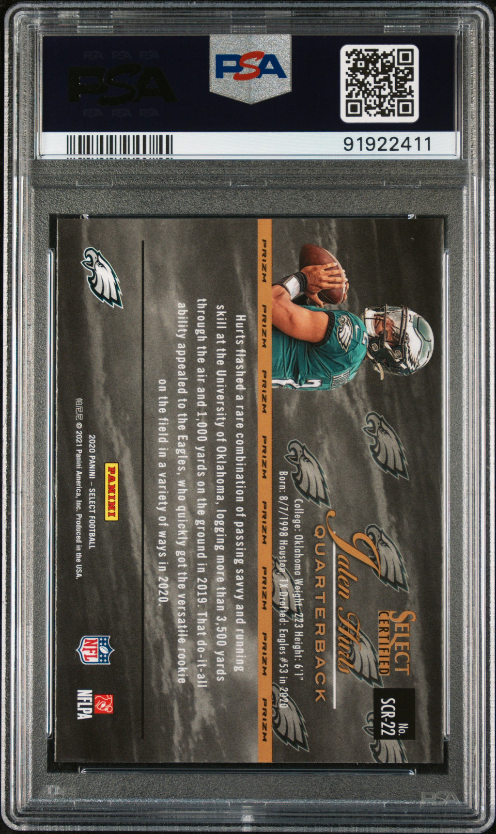 JALEN HURTS 2020 Panini Select Certified Rookie Silver Prizm SCR22 PSA 10 Eagles