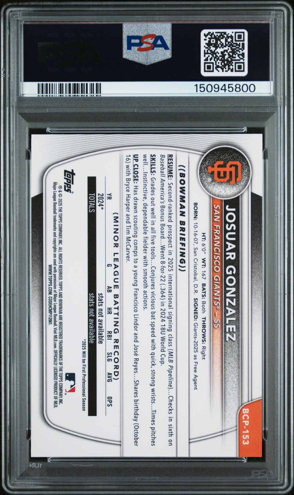 JOSUAR GONZALEZ 2025 Bowman Chrome Prospects Mini Diamond #BCP153 PSA 10