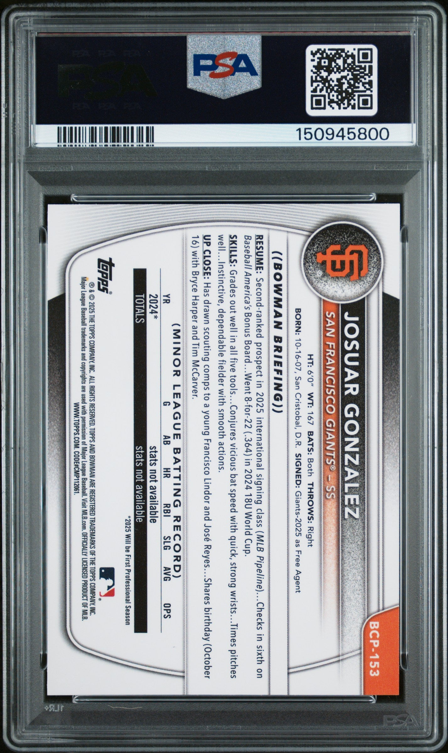 JOSUAR GONZALEZ 2025 Bowman Chrome Prospects Mini Diamond #BCP153 PSA 10