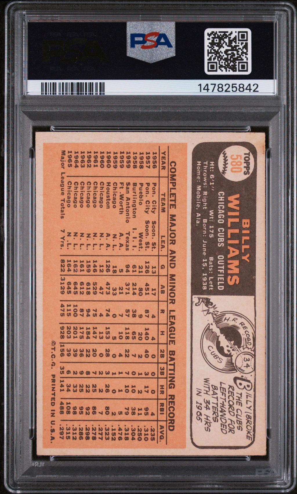BILLY WILLIAMS 1966 Topps Baseball #580 PSA 3 VG Chicago Cubs