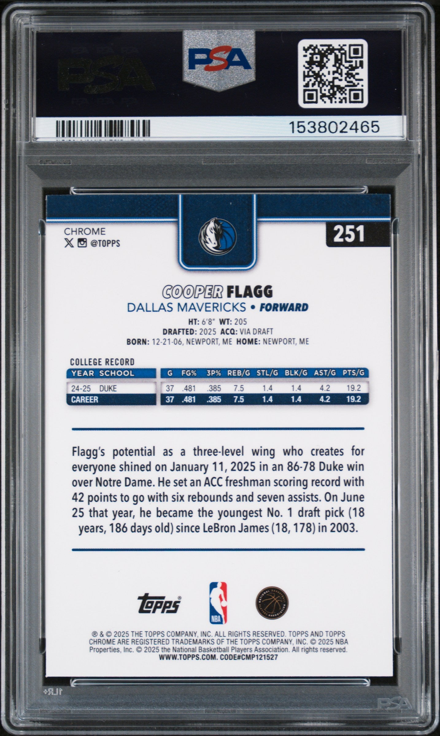 COOPER FLAGG 2025-26 Topps Chrome Rookie Prism Refractor #251 PSA 9