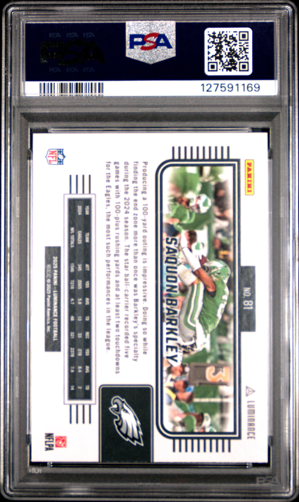 SAQUON BARKLEY 2025 Panini Luminance Backwards Hurdle #81 PSA 9 Eagles