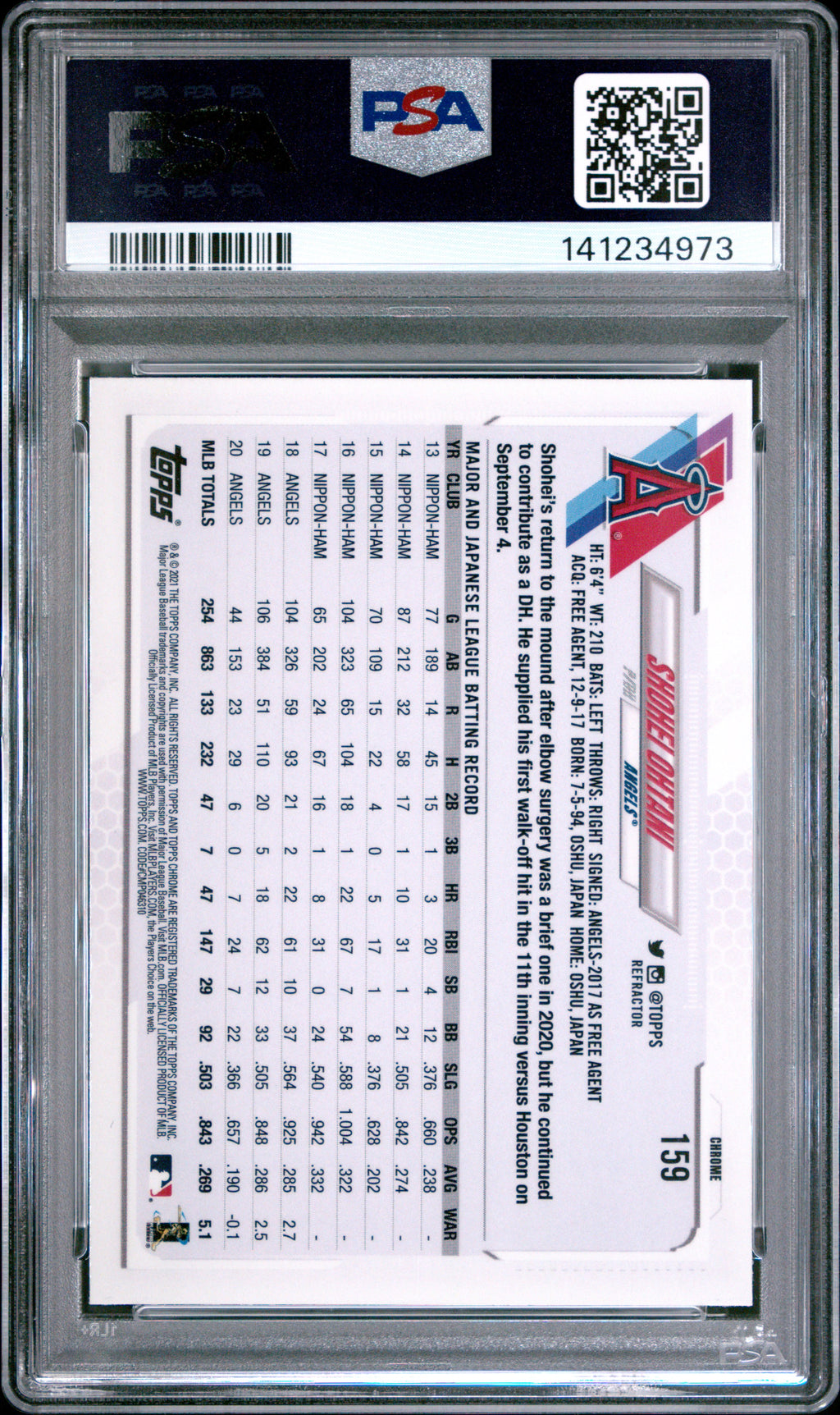 SHOHEI OHTANI 2021 Topps Chrome Refractor #159 PSA 10 Los Angeles Angels