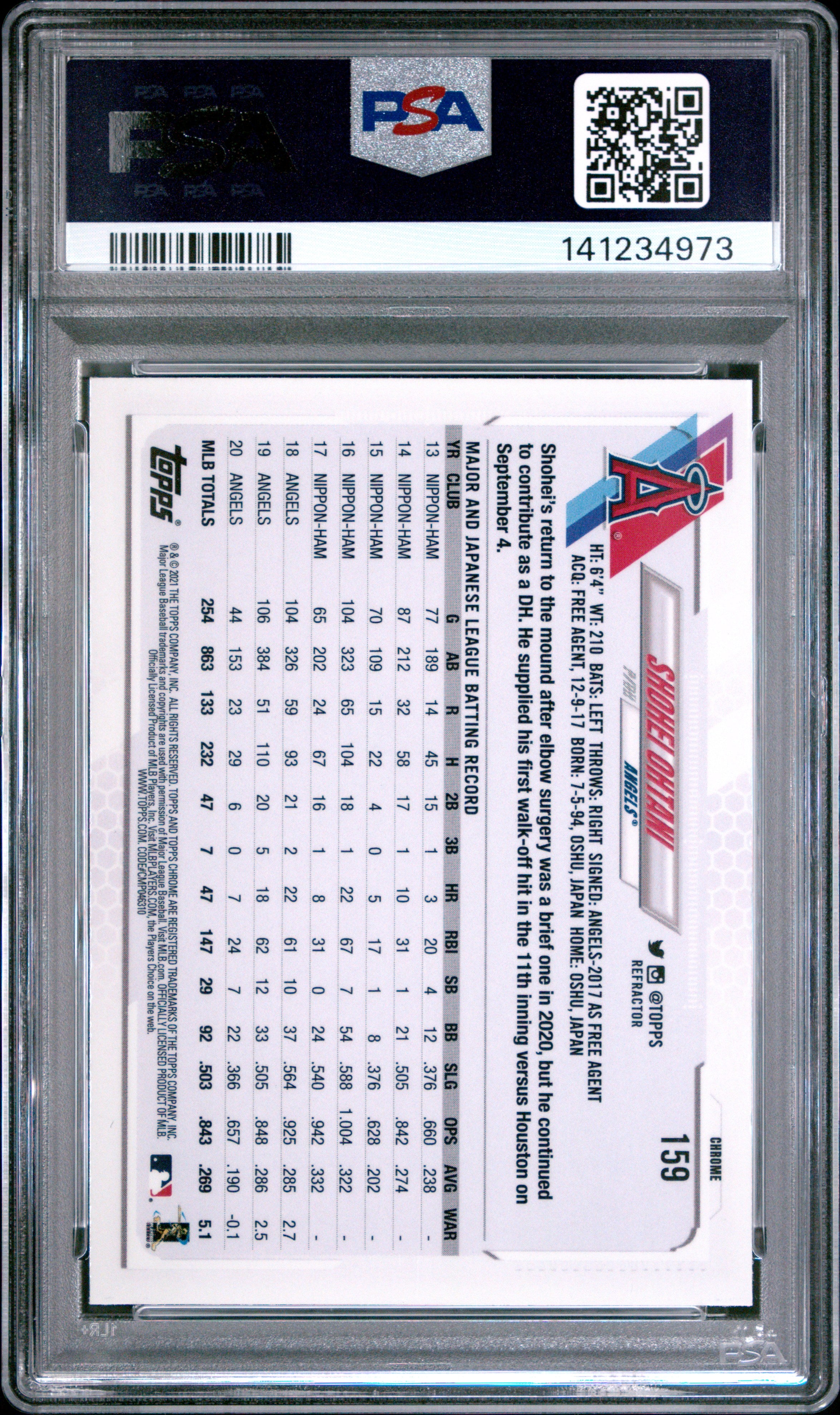 SHOHEI OHTANI 2021 Topps Chrome Refractor #159 PSA 10 Los Angeles Angels