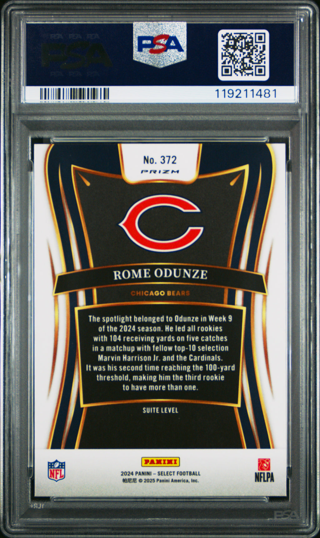 ROME ODUNZE 2024 Panini Select Silver Prizm Rookie Suite Level #372 PSA 10 Bears